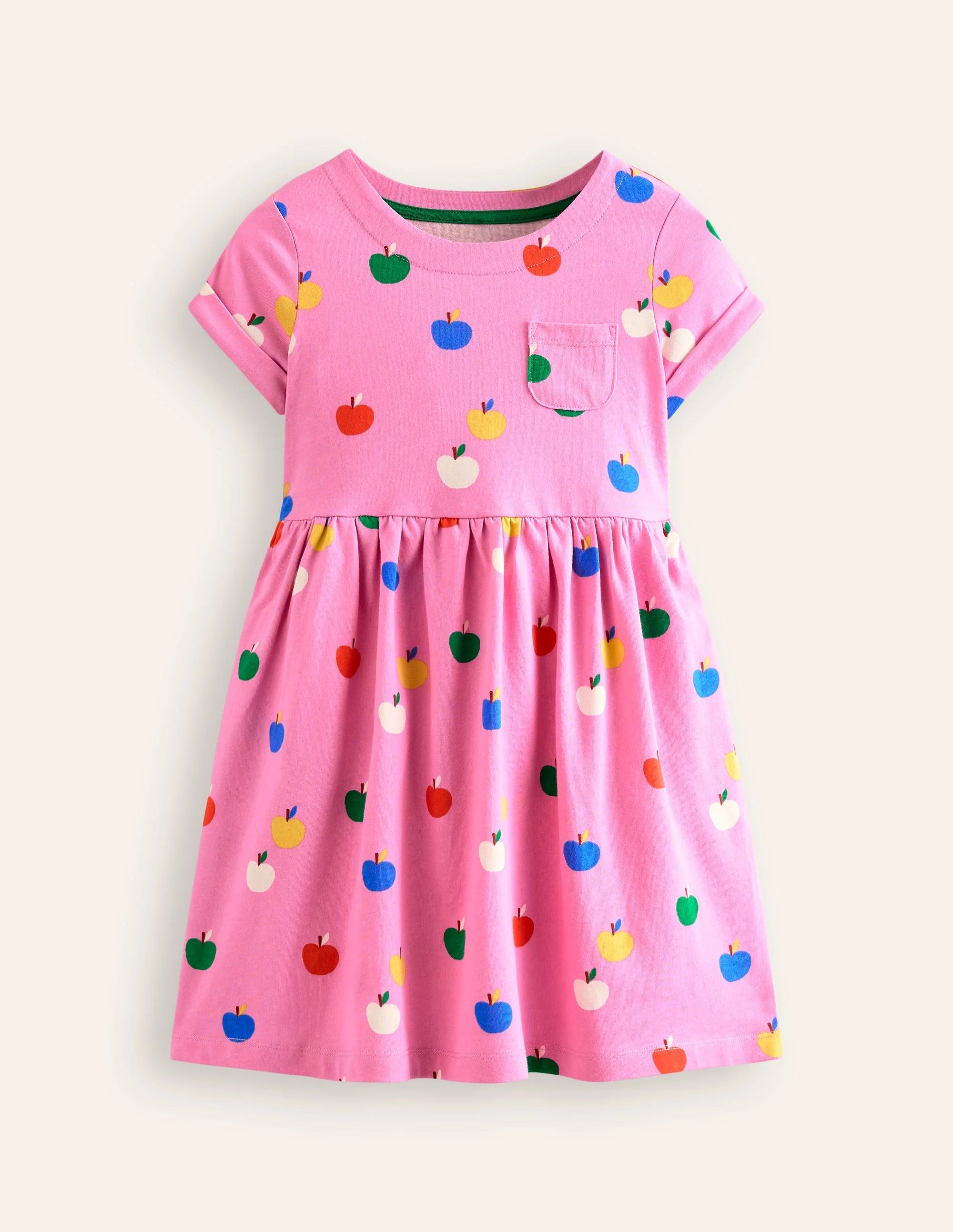 Short-sleeved Fun Jersey Dress-Cosmos Pink Rainbow Apples - Image 3