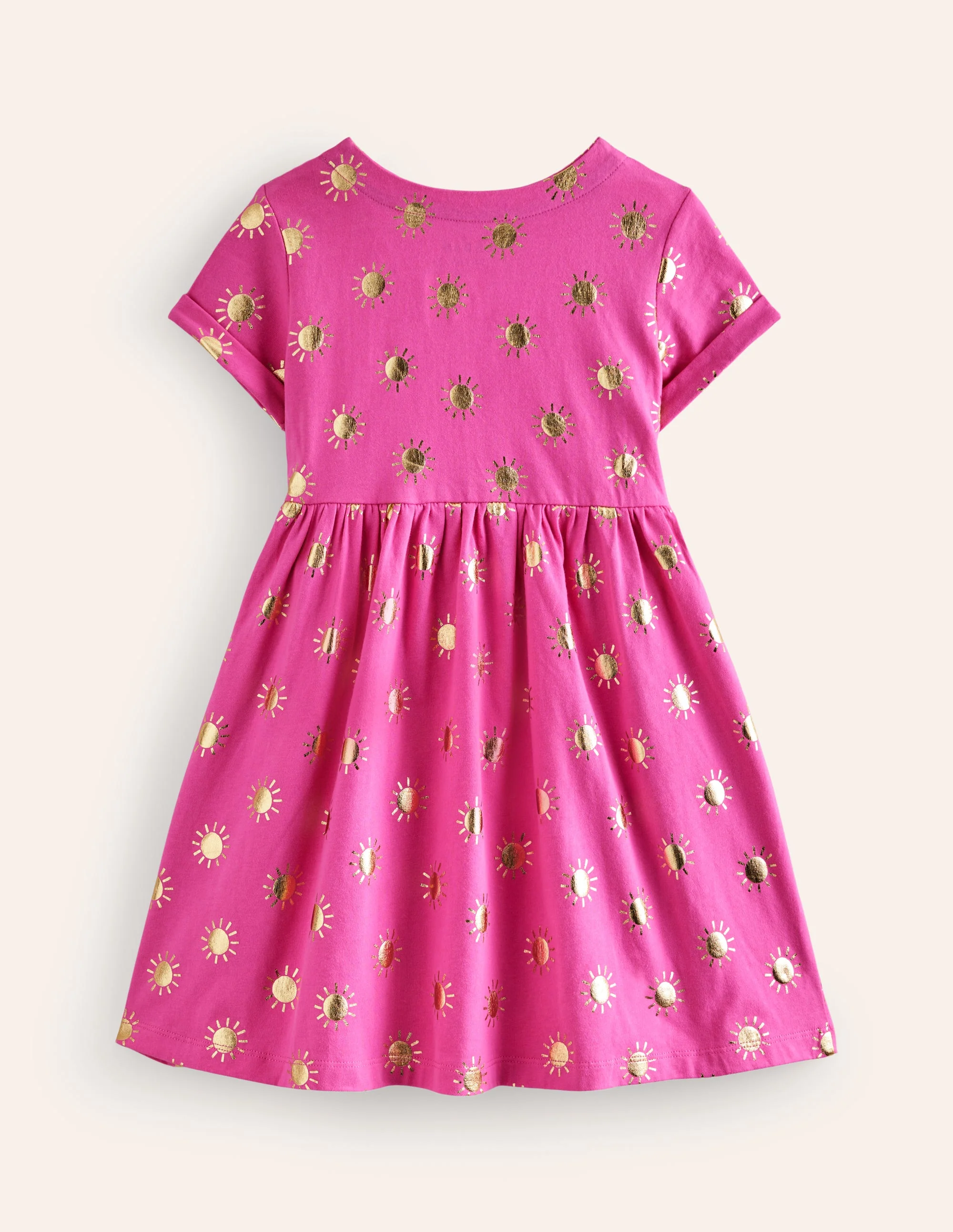 Short-sleeved Fun Jersey Dress-Tickled Pink/Gold Suns - Image 2