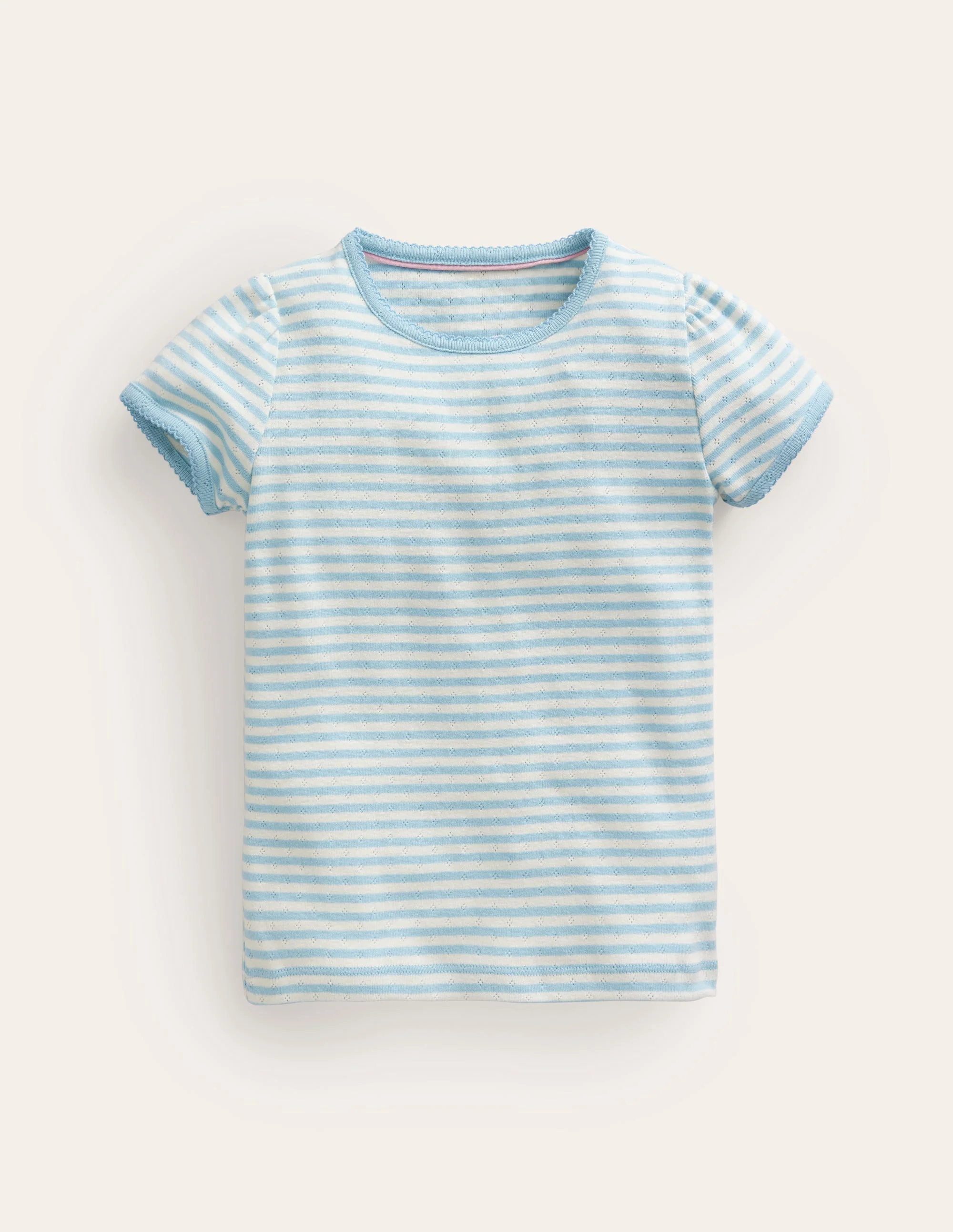 Short-sleeved Pointelle Top-Light Celeste Blue/Ivory
