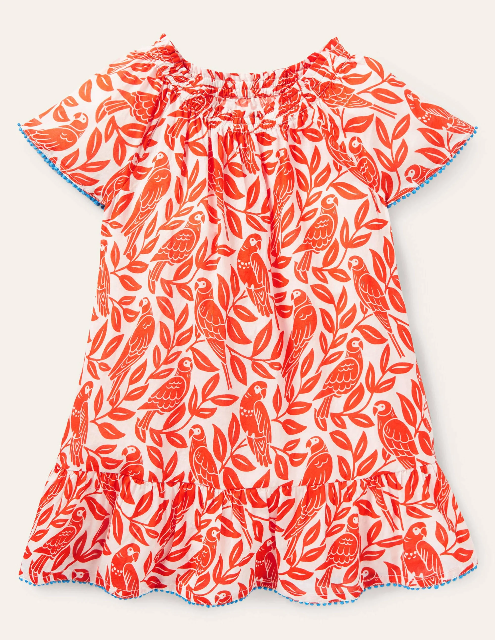 Smocked Printed Kaftan-Watermelon Red Parrot