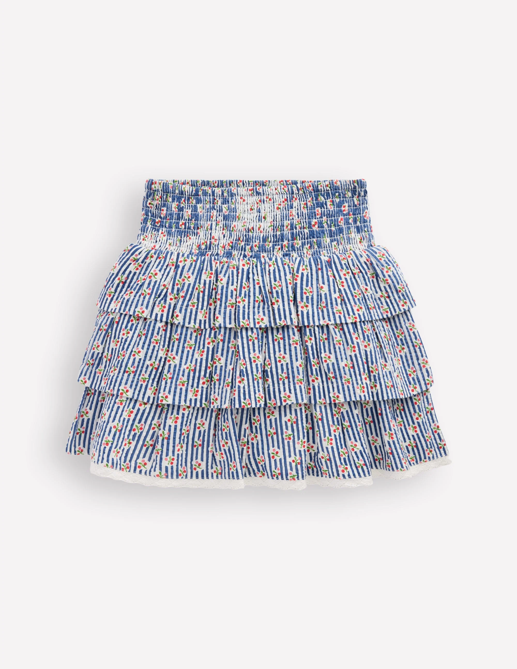 Smocked Waist Ruffle Skirt-Bluejay Cherry Stripe - Image 3