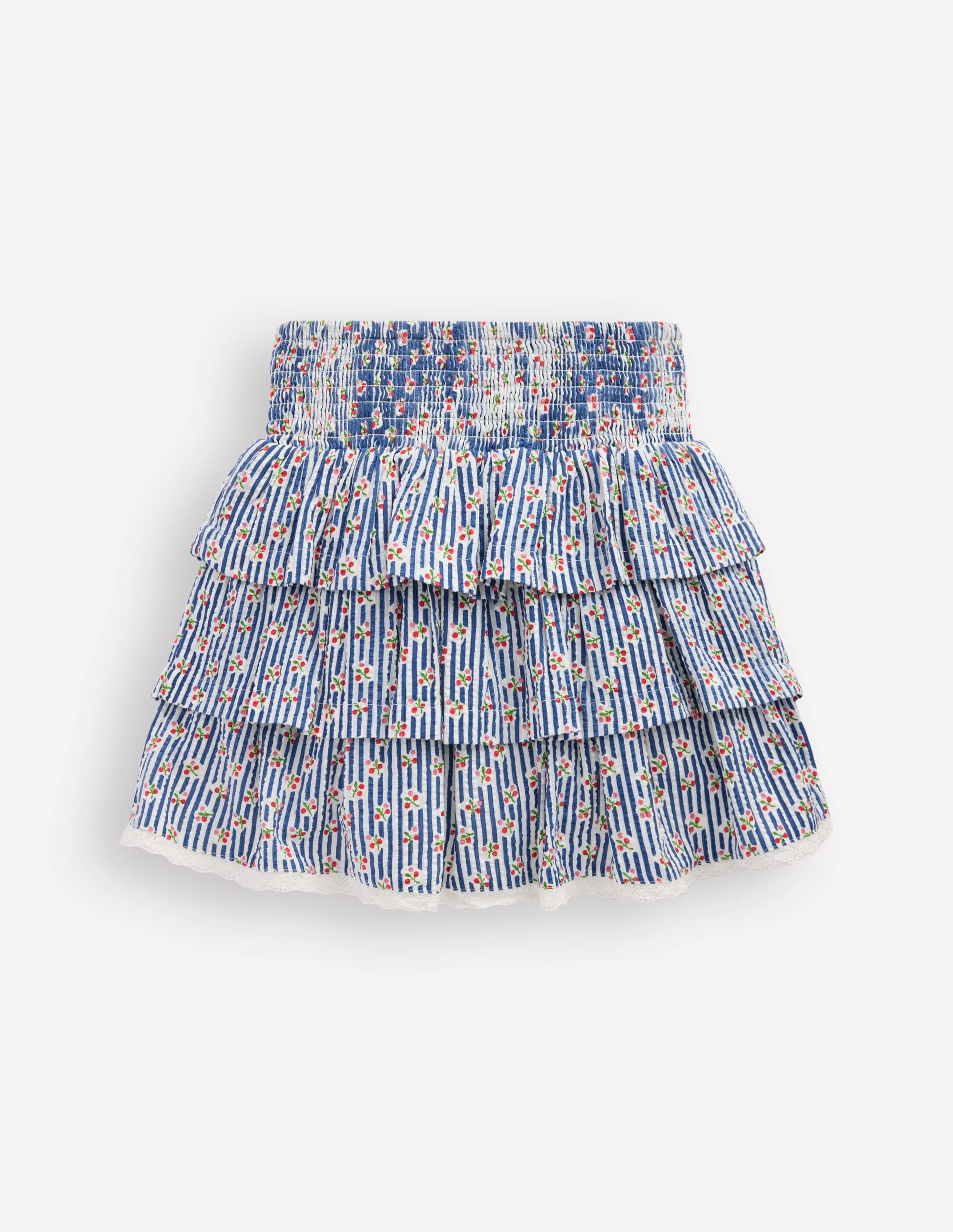 Smocked Waist Ruffle Skirt-Bluejay Cherry Stripe - Image 4