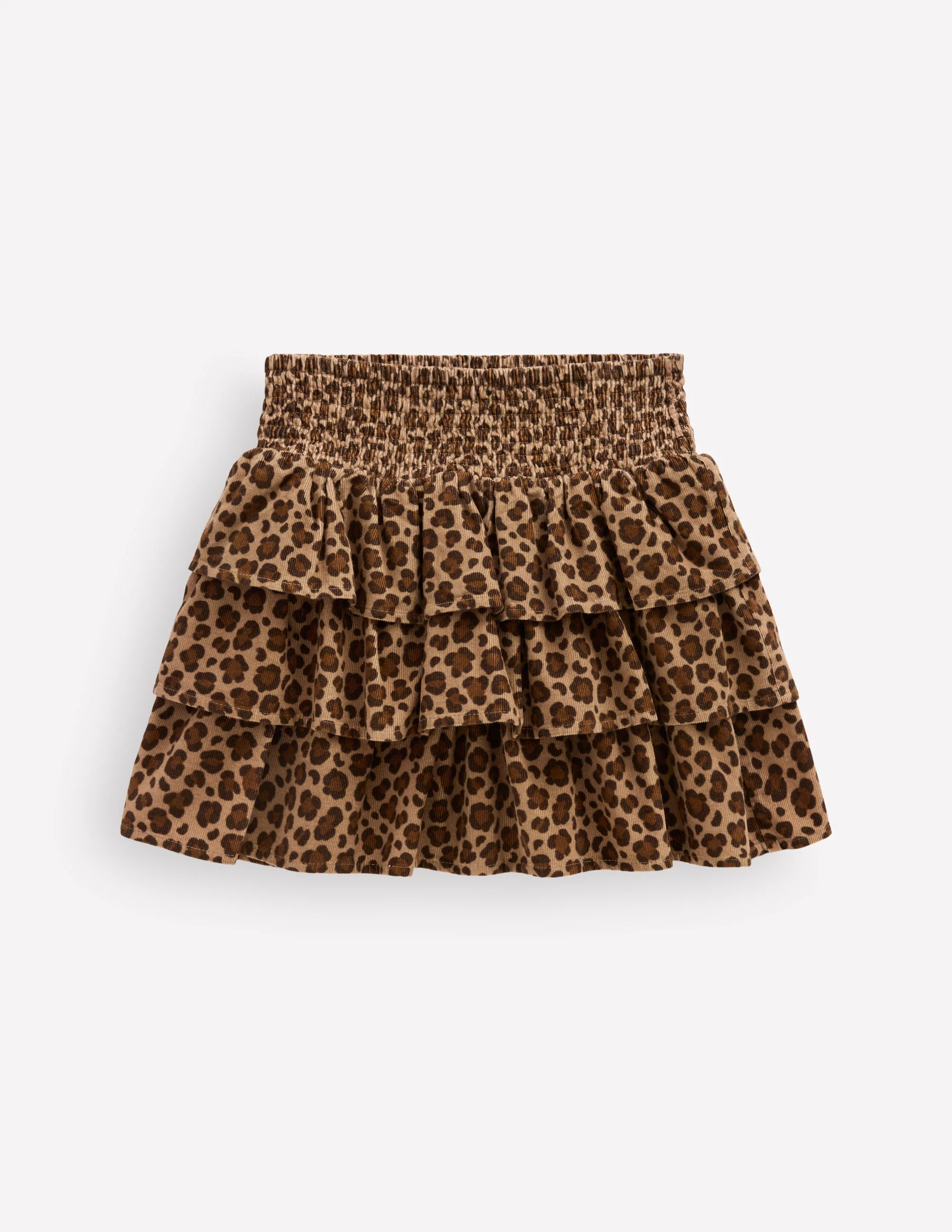 Smocked Waist Ruffle Skirt-Brown Leopard Cord