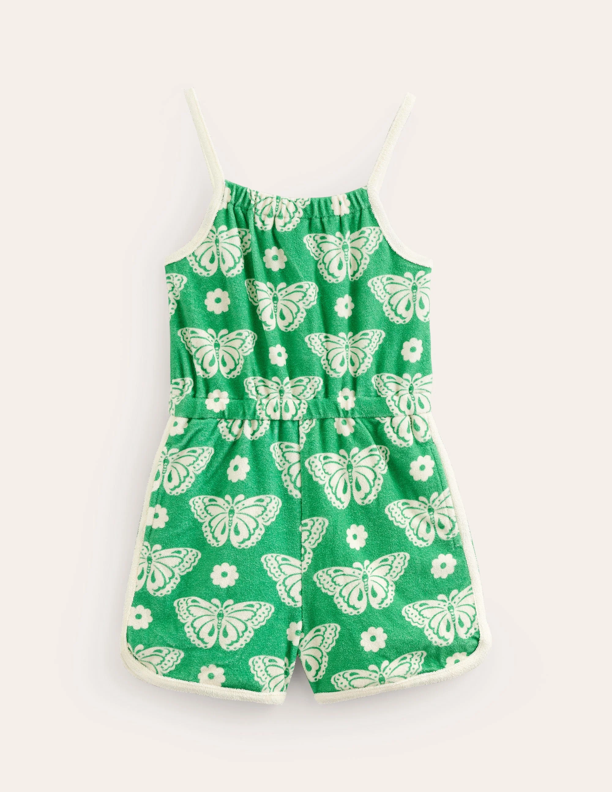 Strappy Towelling Playsuit-Pea Green Butterfly Stamp