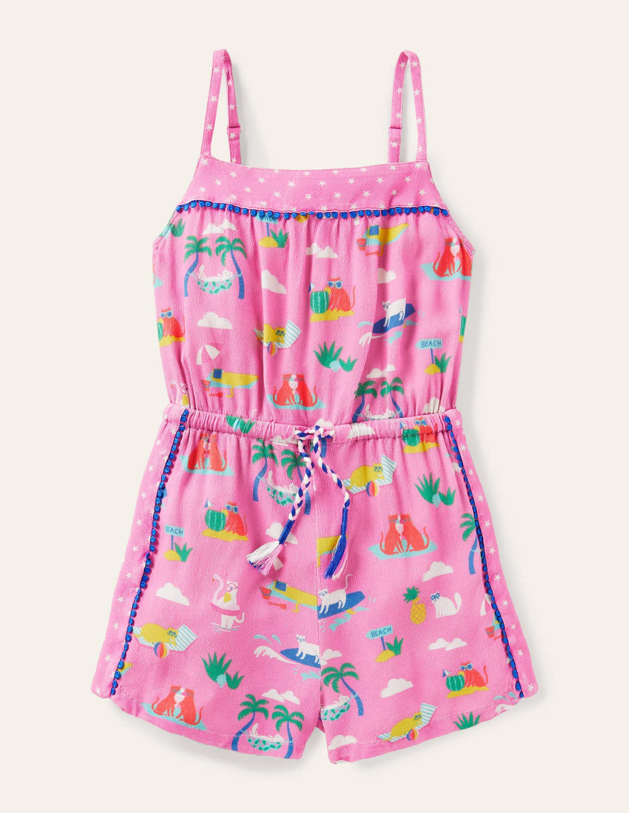 Woven Holiday Playsuit-Plum Blossom Pink Holiday Cats