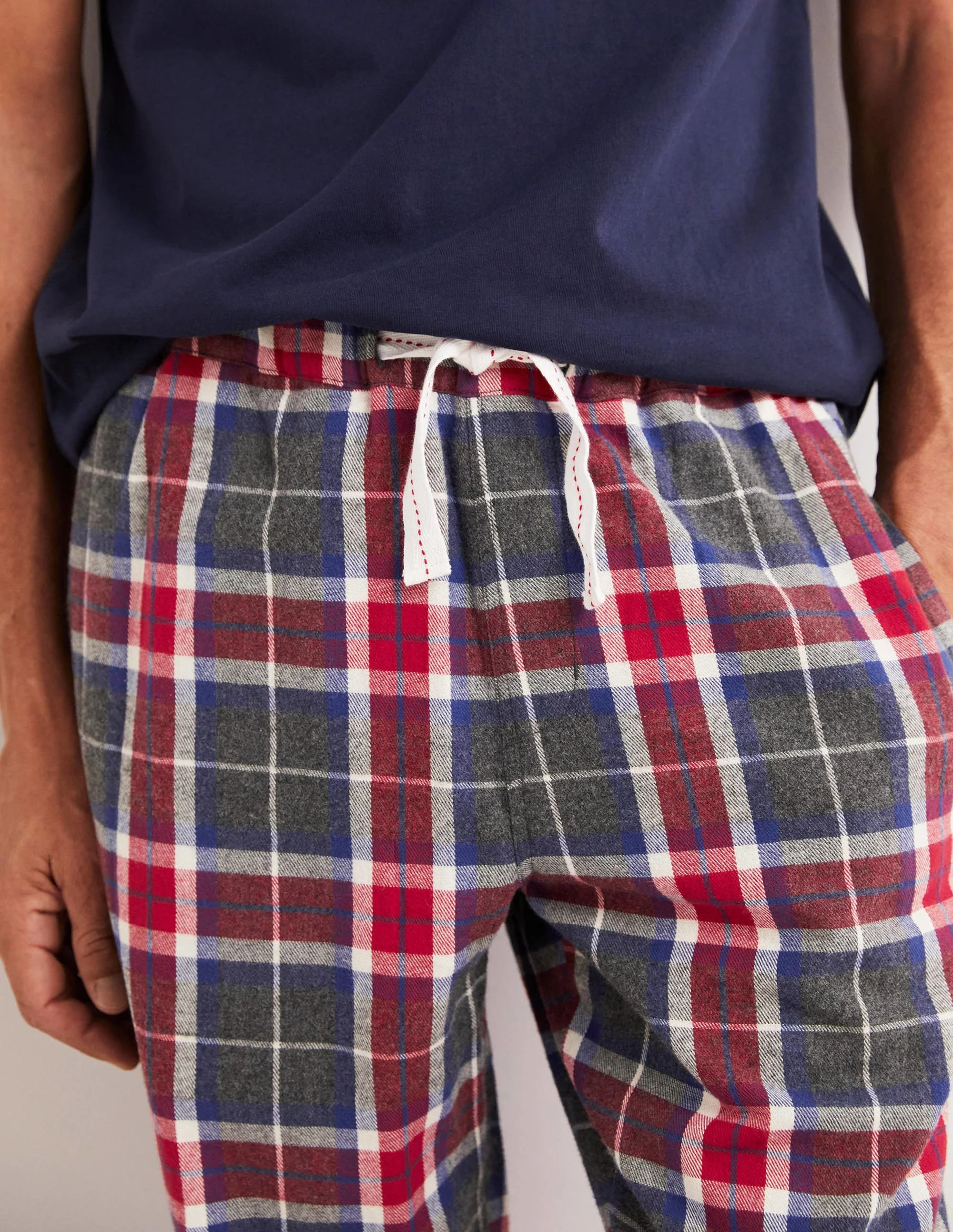 Brushed Cotton Pyjama Bottoms-Charcoal Marl/Red Check - Image 2