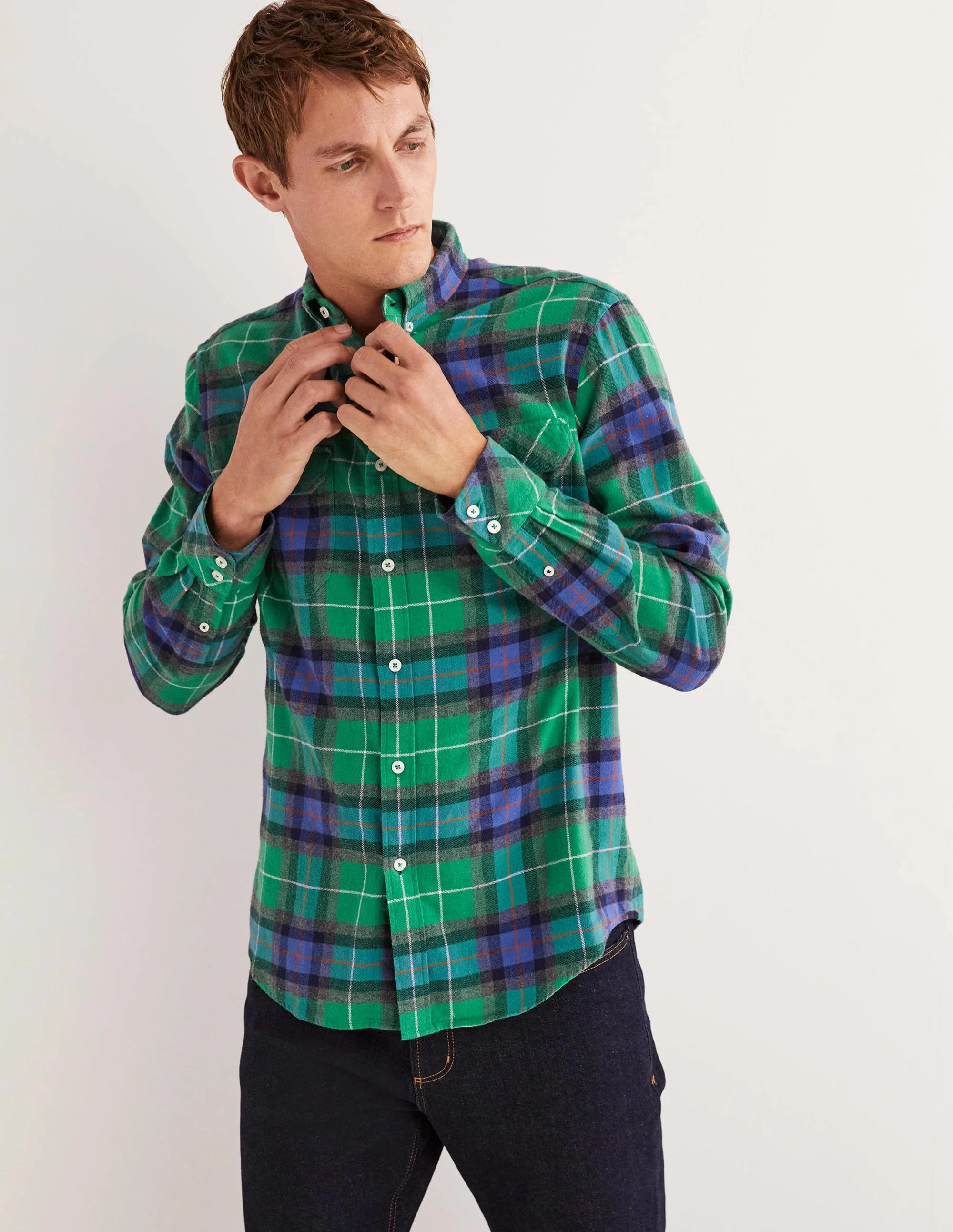 Brushed Flannel Shirt-Green/Charcoal Marl Check