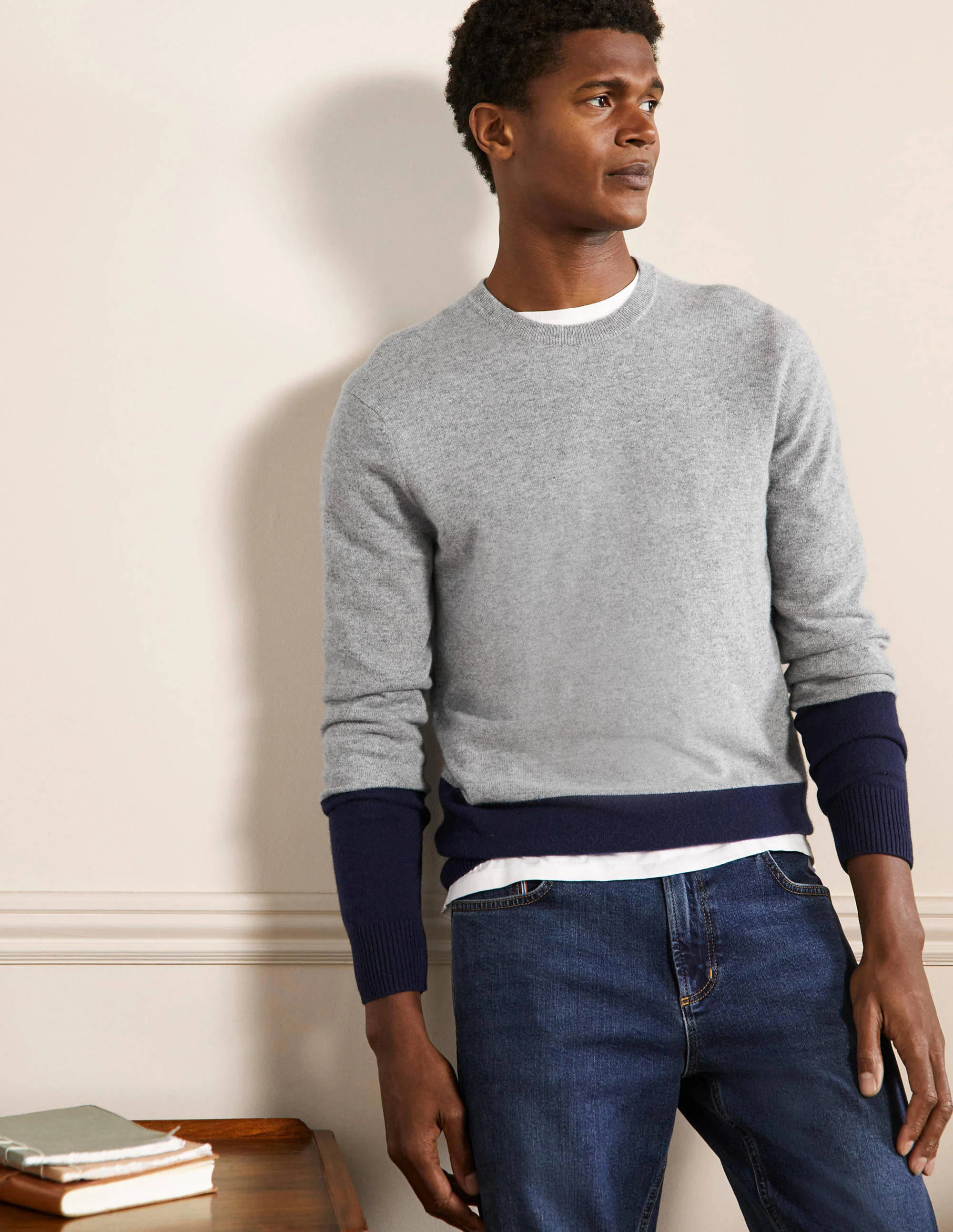 Cashmere Crew Neck Jumper-Grey Colourblock