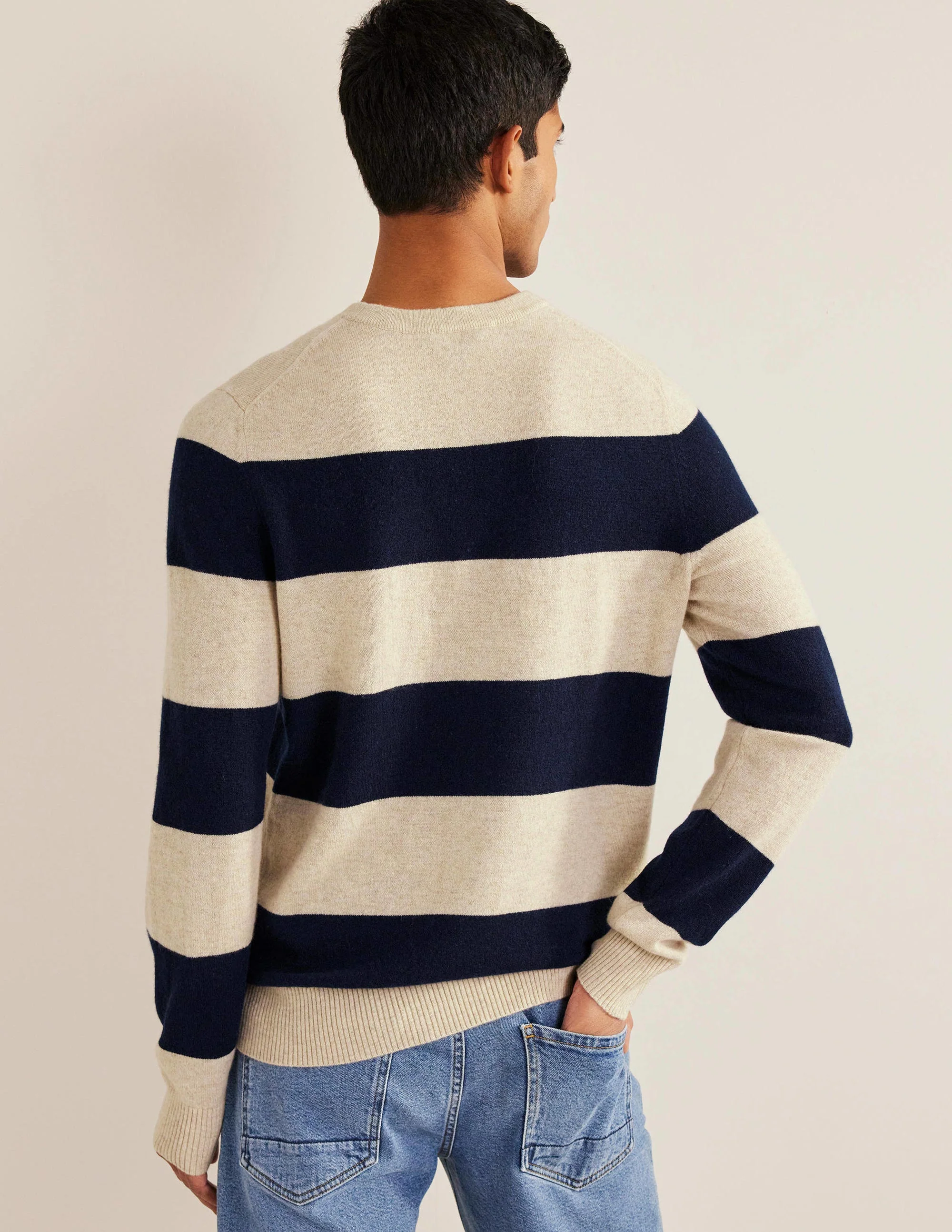 Cashmere Crew Neck Jumper-Oat/Navy Stripe - Image 3