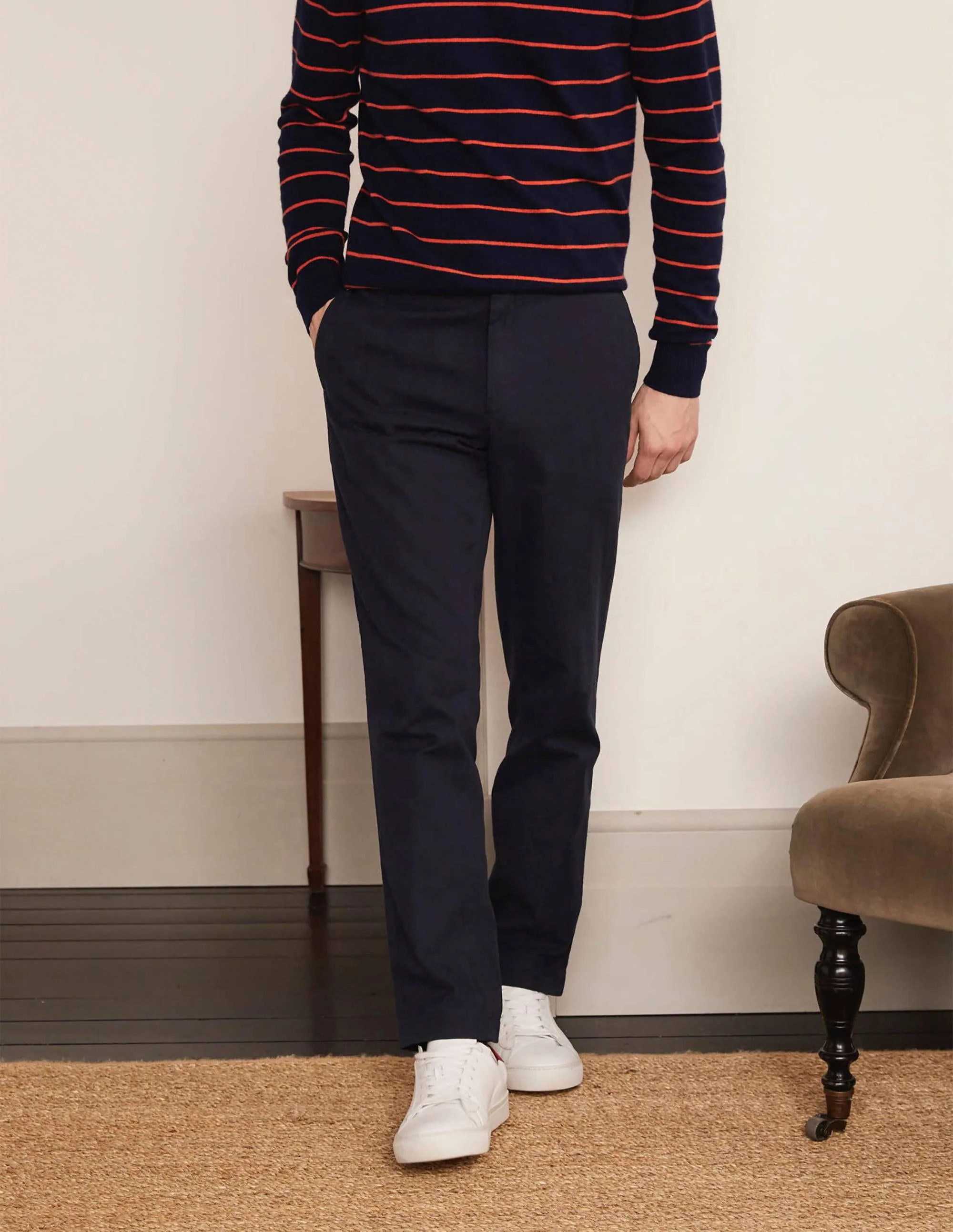 Chaldon Elasticated Trousers-Navy Herringbone - Image 2