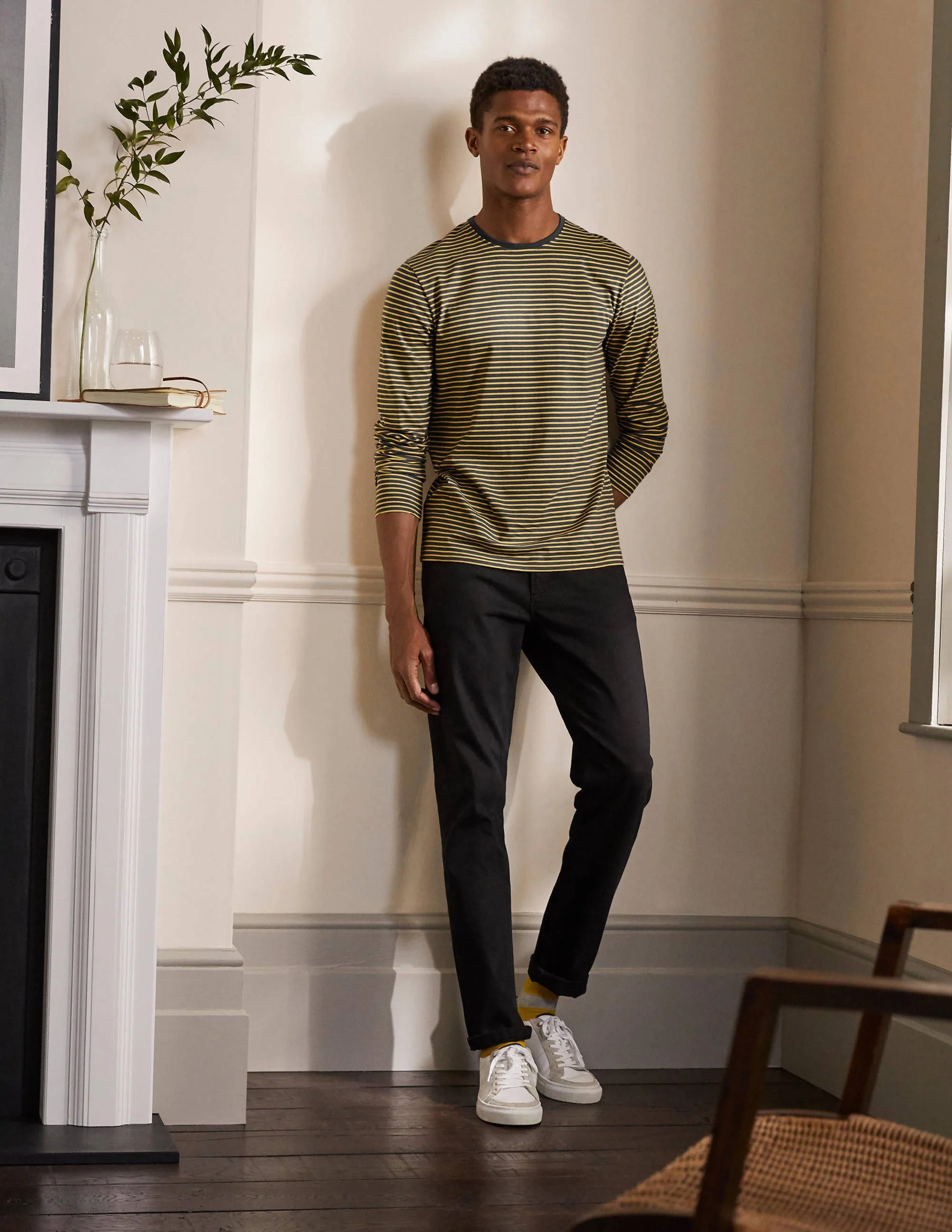 Classic Long-sleeved T-shirt-London Grey/ Soft Lemon Stripe - Image 4