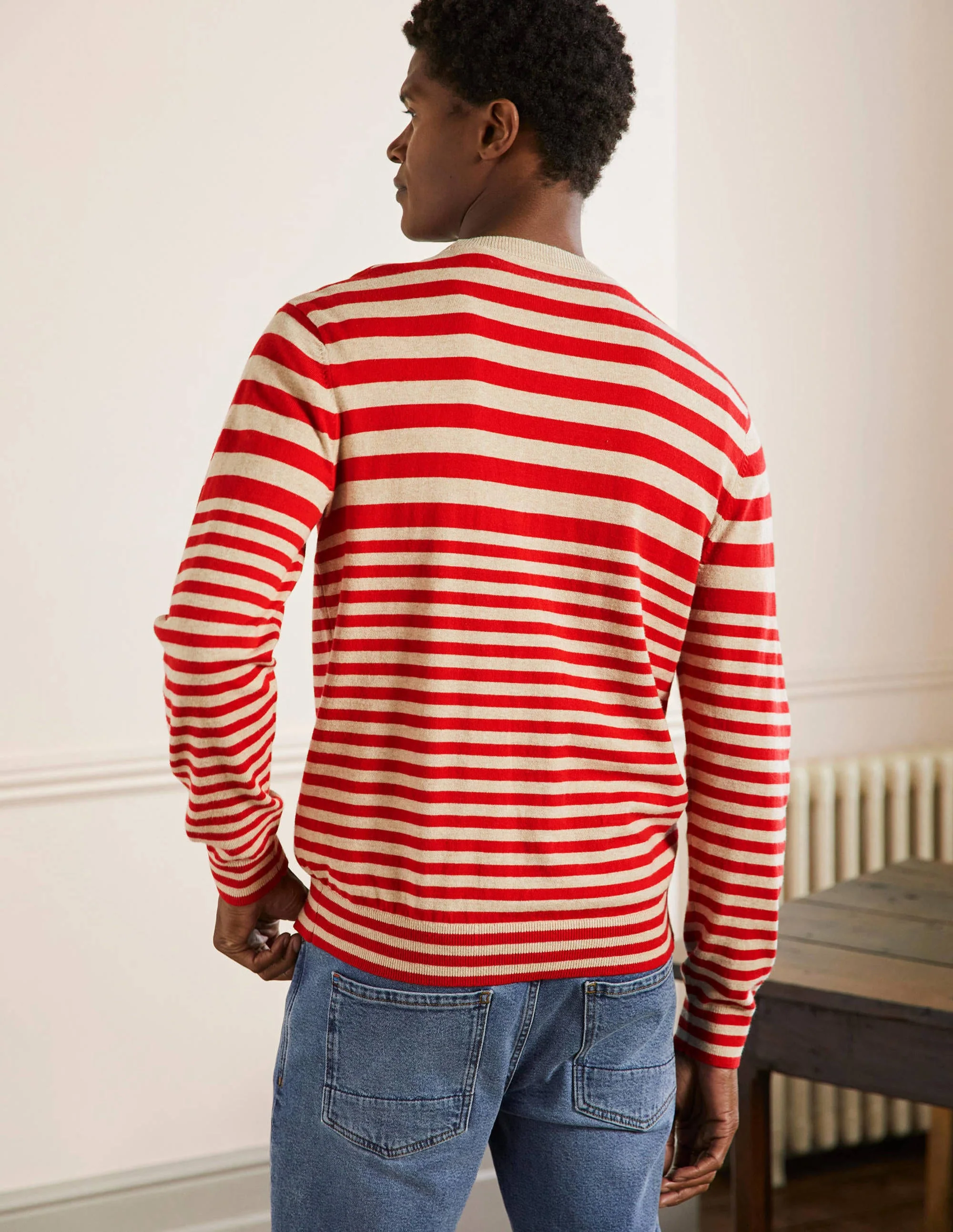 Cotton Cashmere Crew Neck-Red/Oatmeal stripe - Image 3