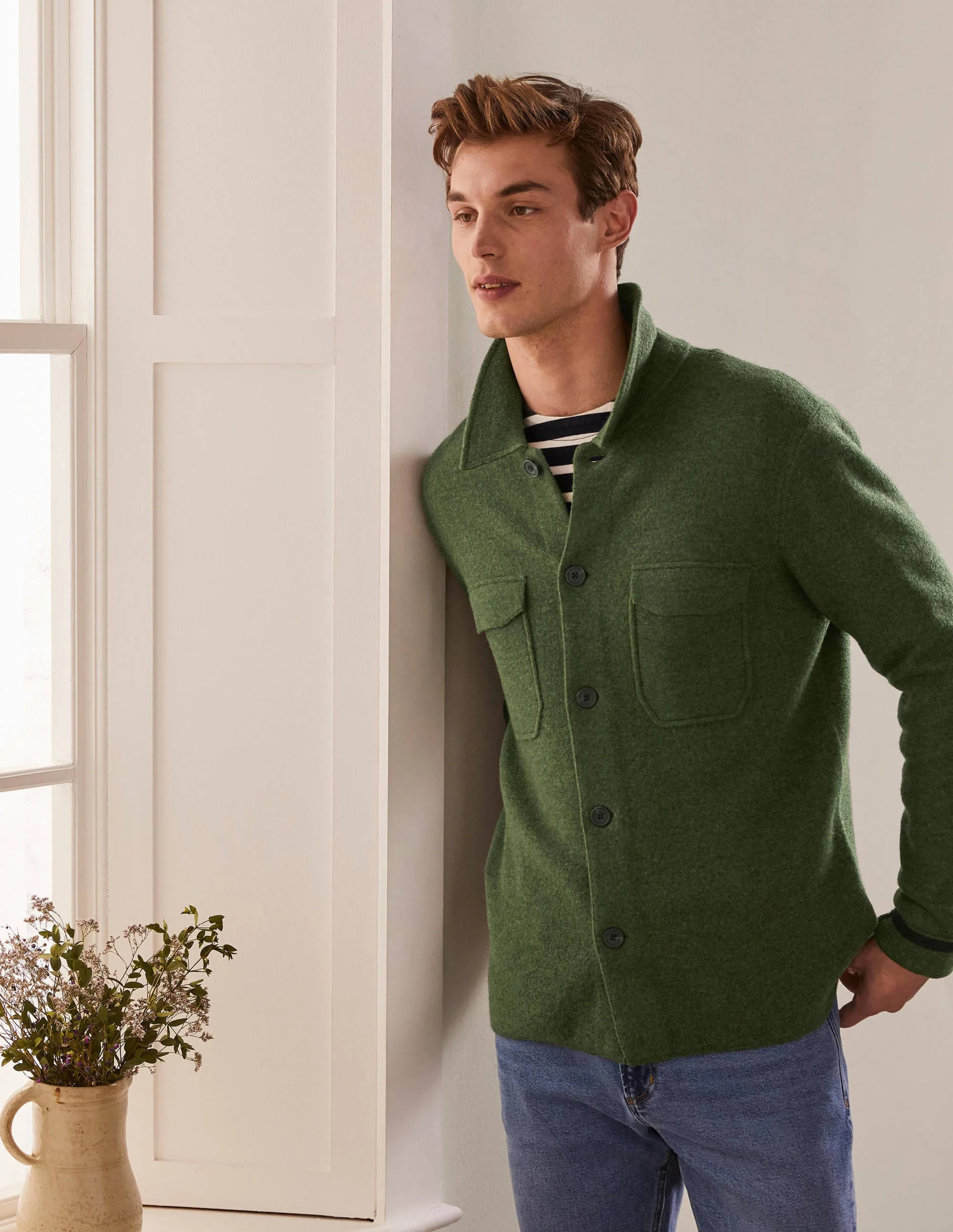 Haddon Merino Knitted Jacket-Dark Olive Melange