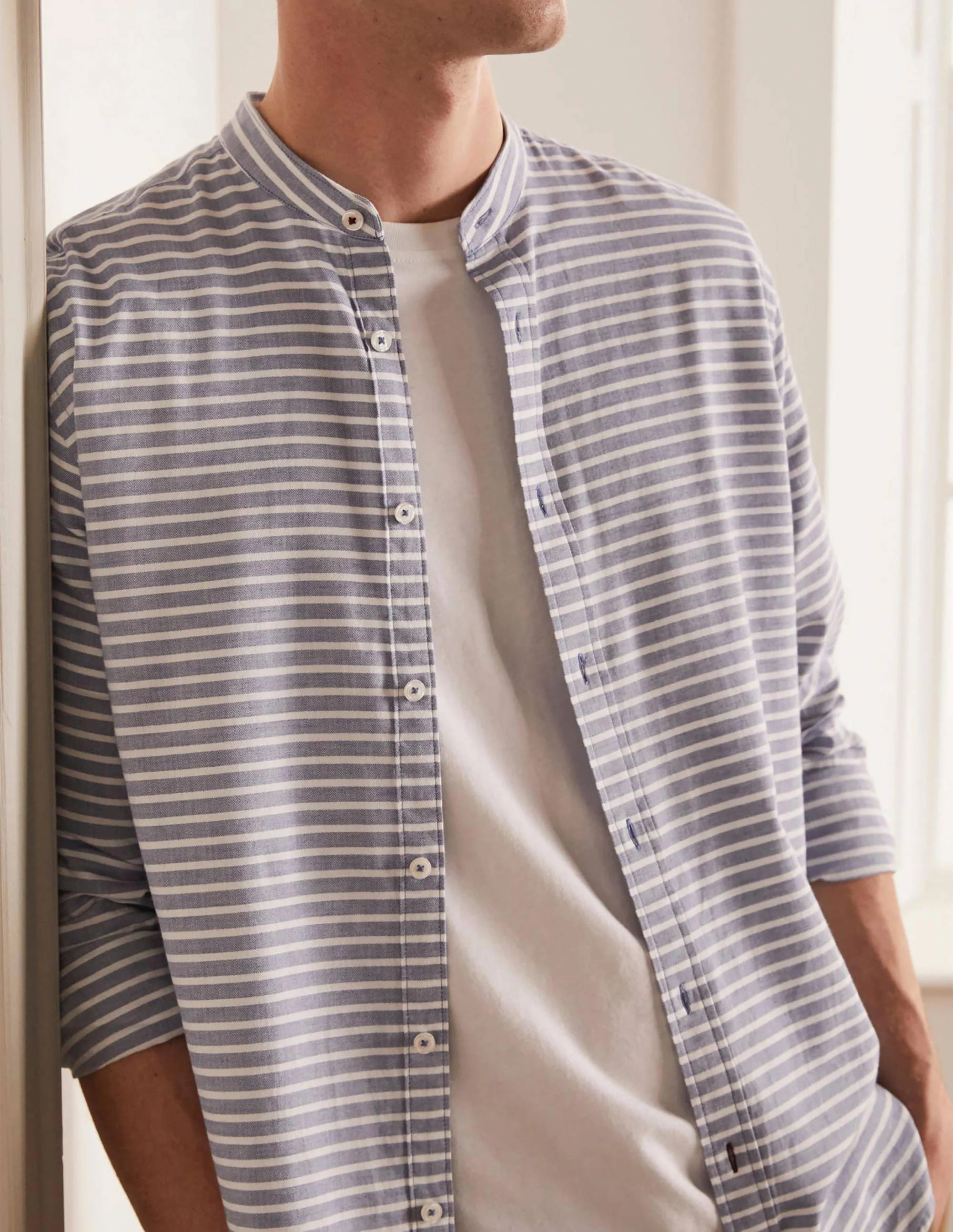 Herringbone Grandad Shirt-Light Navy - Image 4