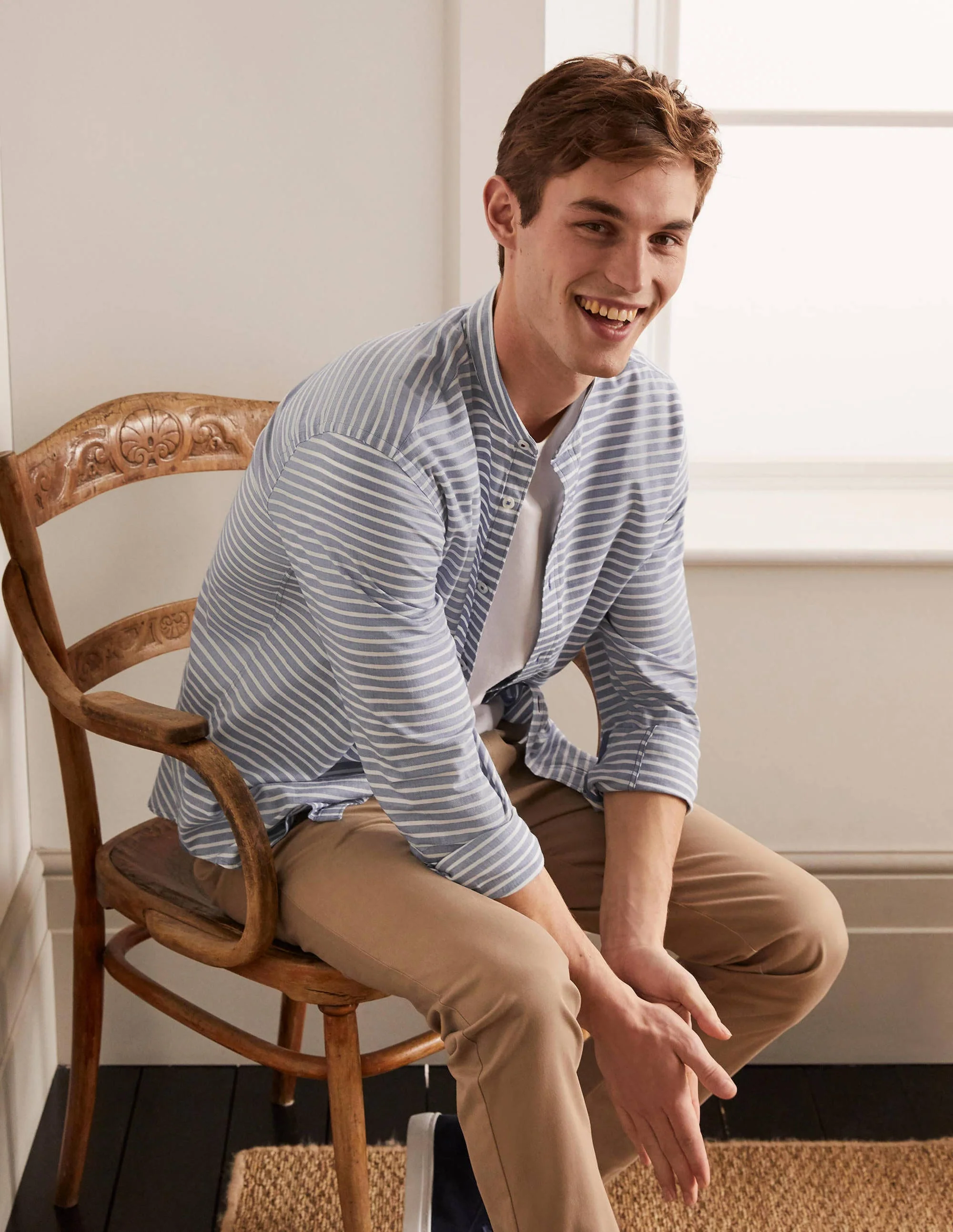 Herringbone Grandad Shirt-Light Navy - Image 5