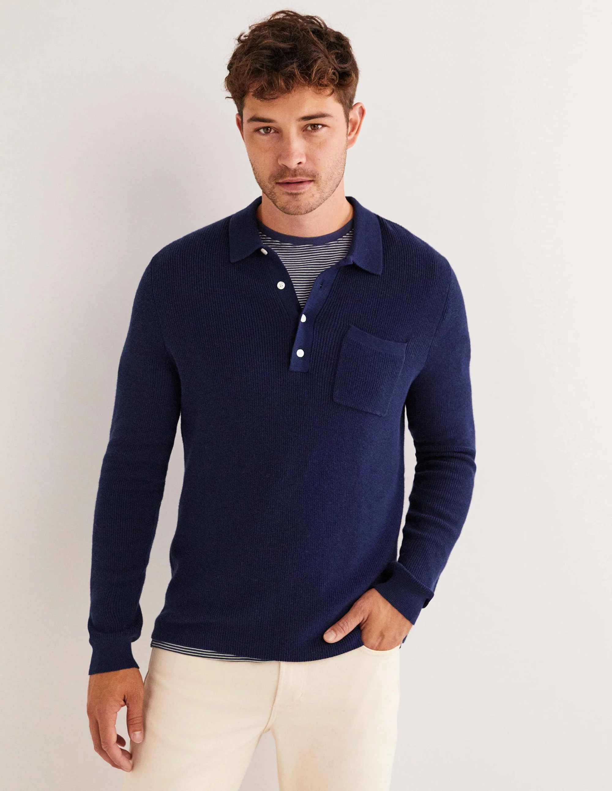 Knit Long Sleeve Polo-Navy