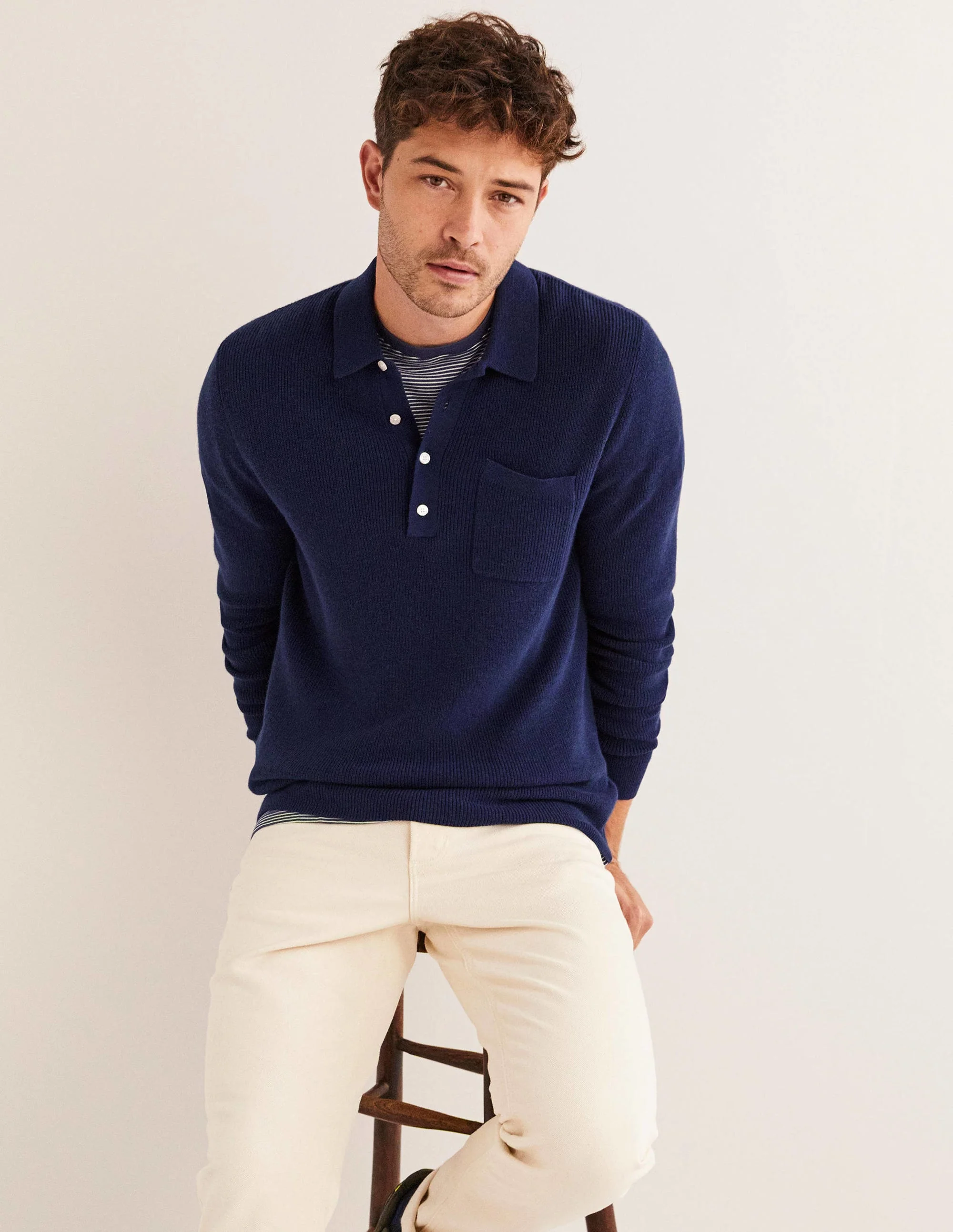 Knit Long Sleeve Polo-Navy - Image 4