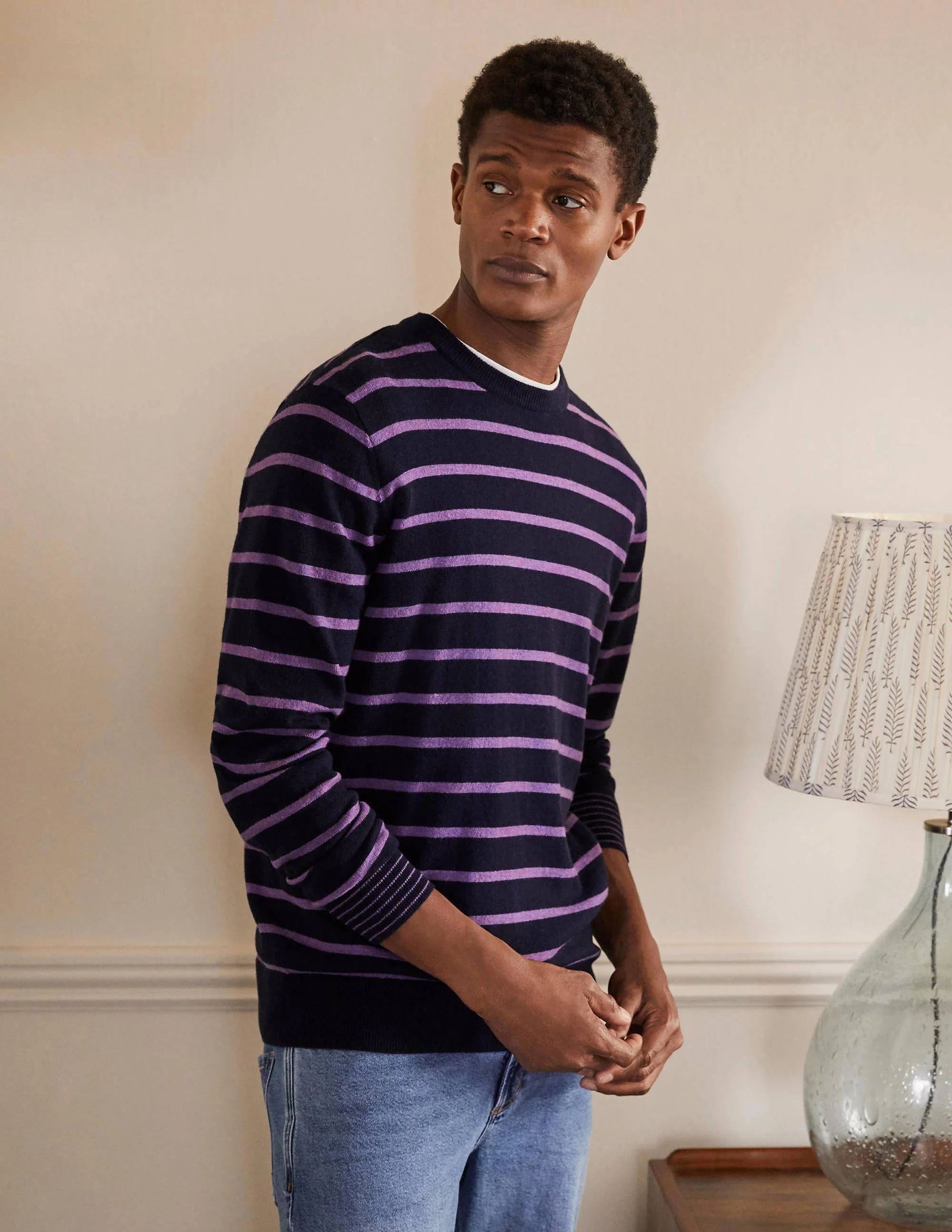 Lambswool Crew Neck-Navy/Lilac Stripe