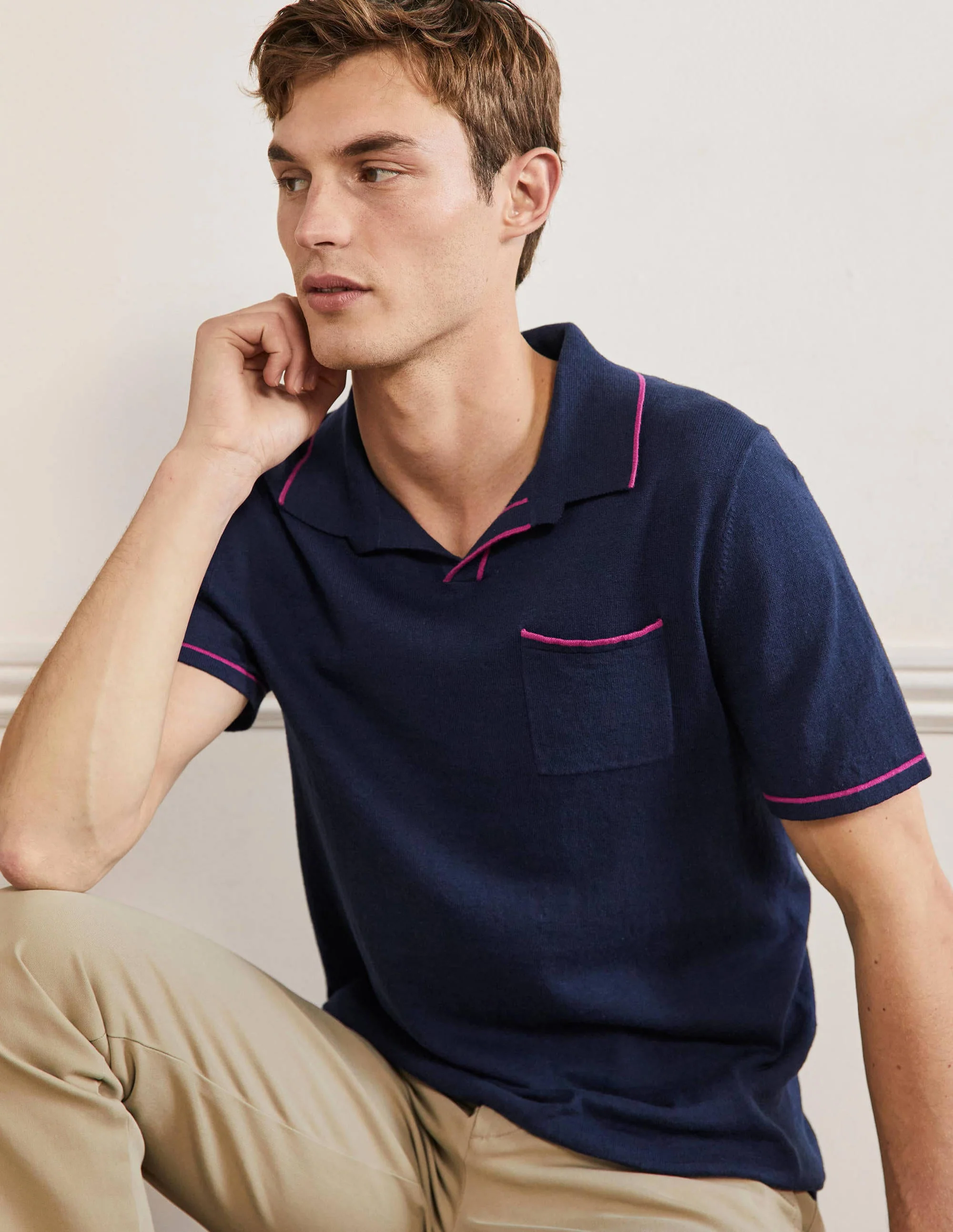 Linen Blend Polo Open Collar-School Navy, Tipping Stripe - Image 4