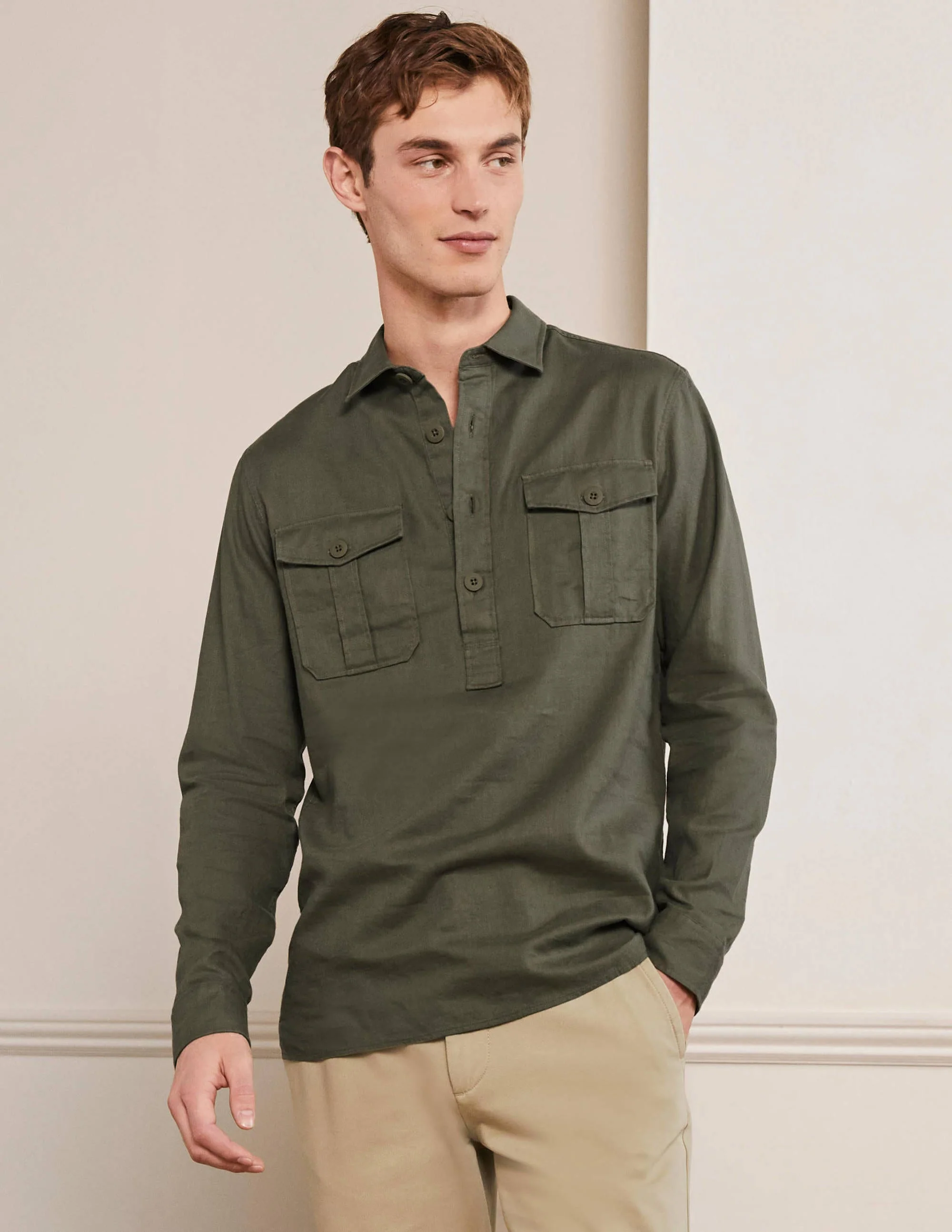 Linen Cotton Popover Shirt-Khaki Herringbone - Image 4