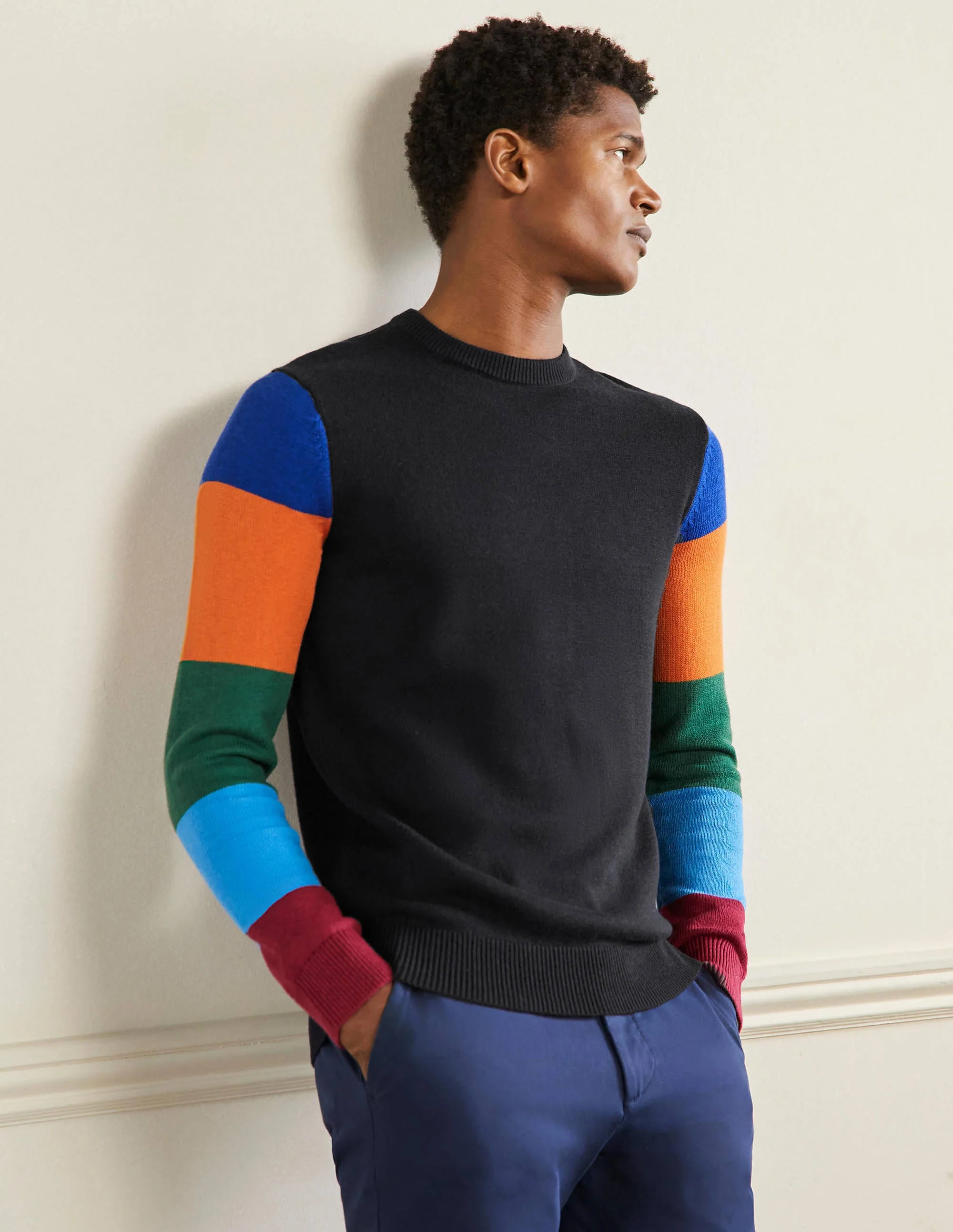 Merino Blend Crew Neck Jumper-Multi stripe Sleeve - Image 4