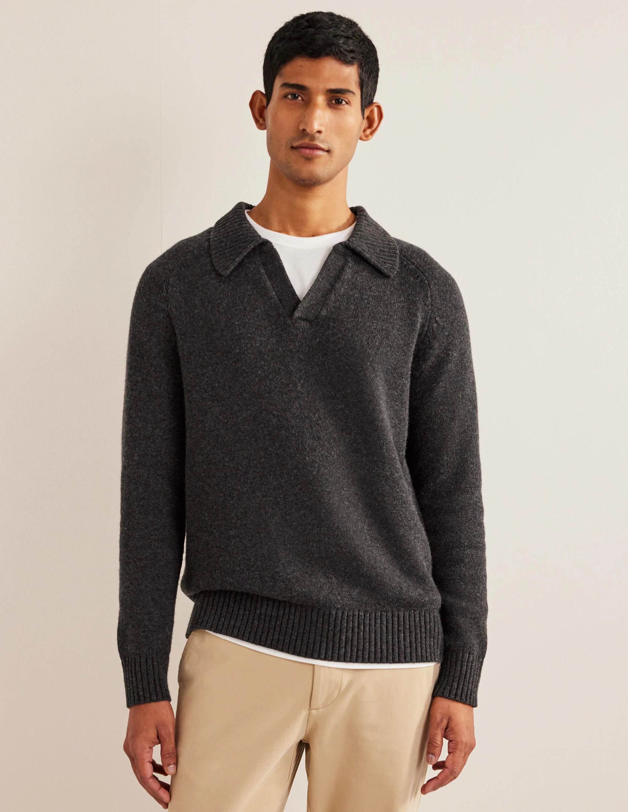 Open Collar Jumper-Dark Grey Melange - Image 4