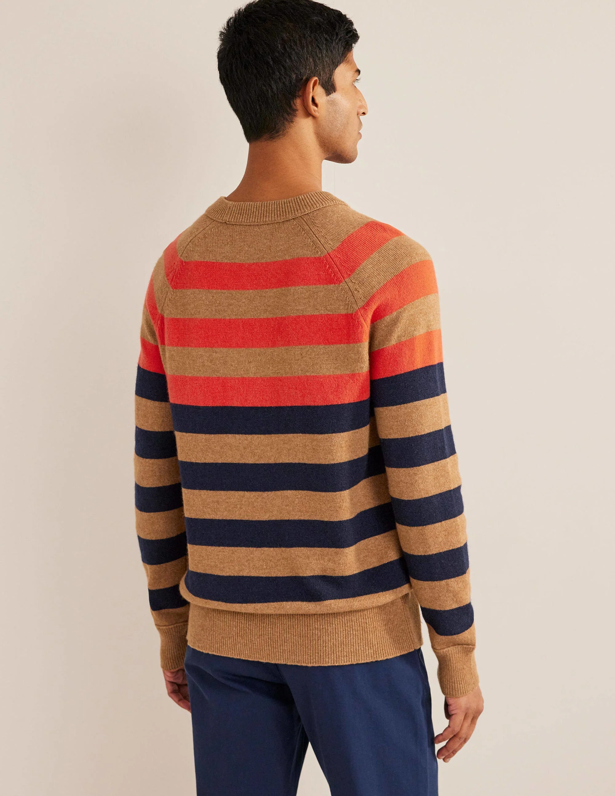 Raglan Crew Neck Jumper-Camel Melange Multi stripe - Image 3