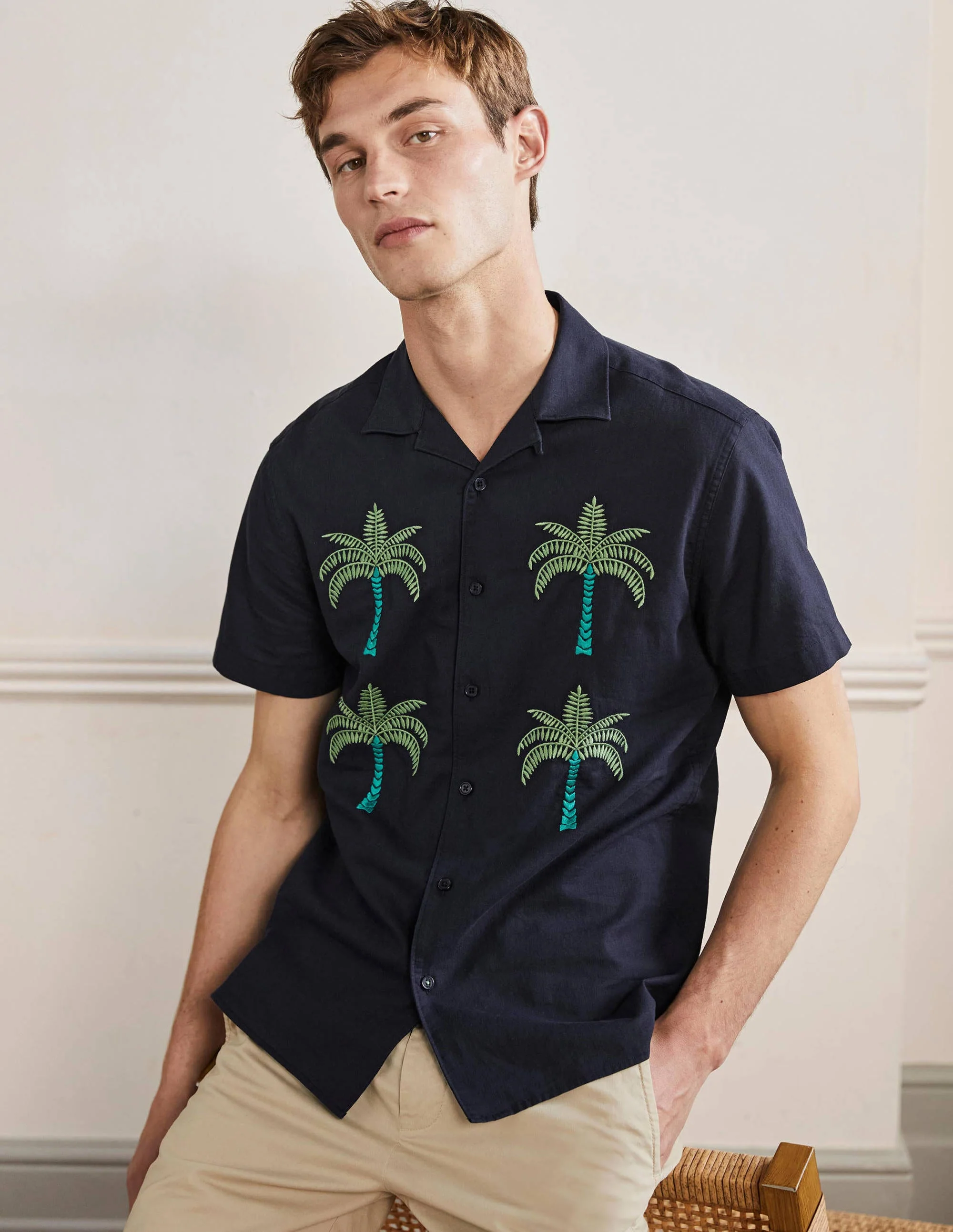 Revere Linen Cotton shirt-Navy Embroidered Palm Tree