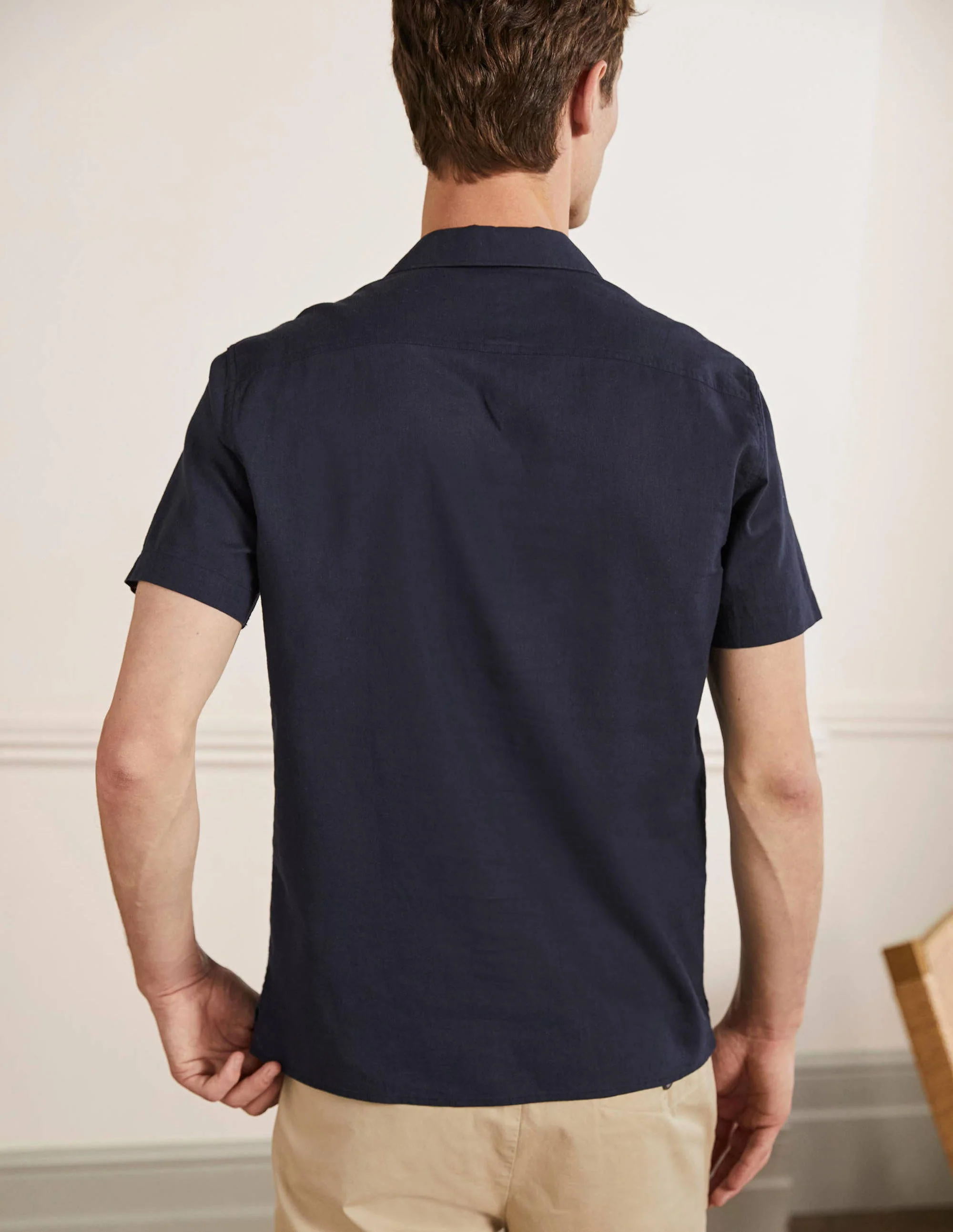 Revere Linen Cotton shirt-Navy Embroidered Palm Tree - Image 3