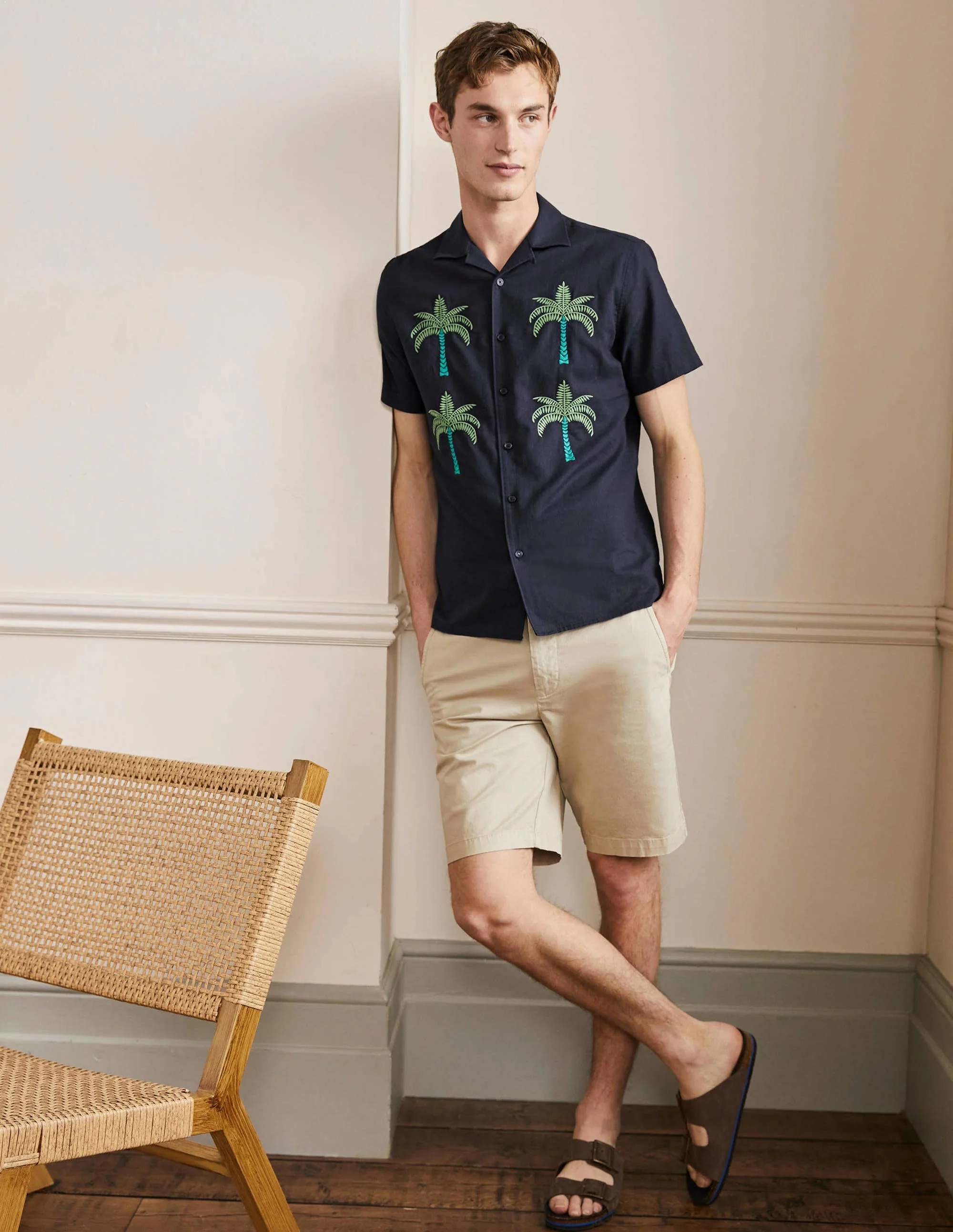 Revere Linen Cotton shirt-Navy Embroidered Palm Tree - Image 4