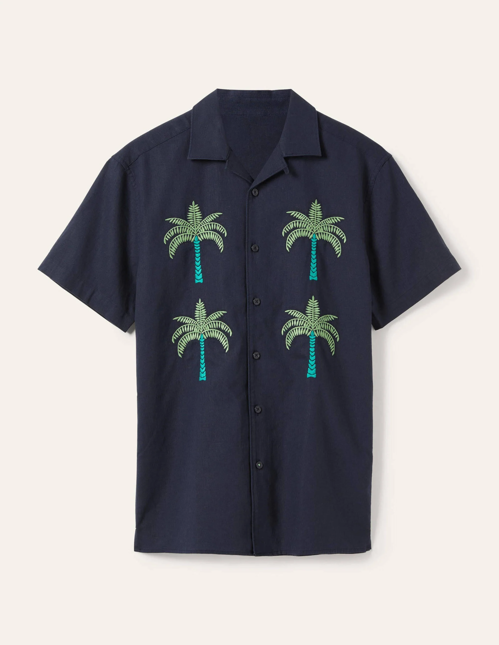 Revere Linen Cotton shirt-Navy Embroidered Palm Tree - Image 6