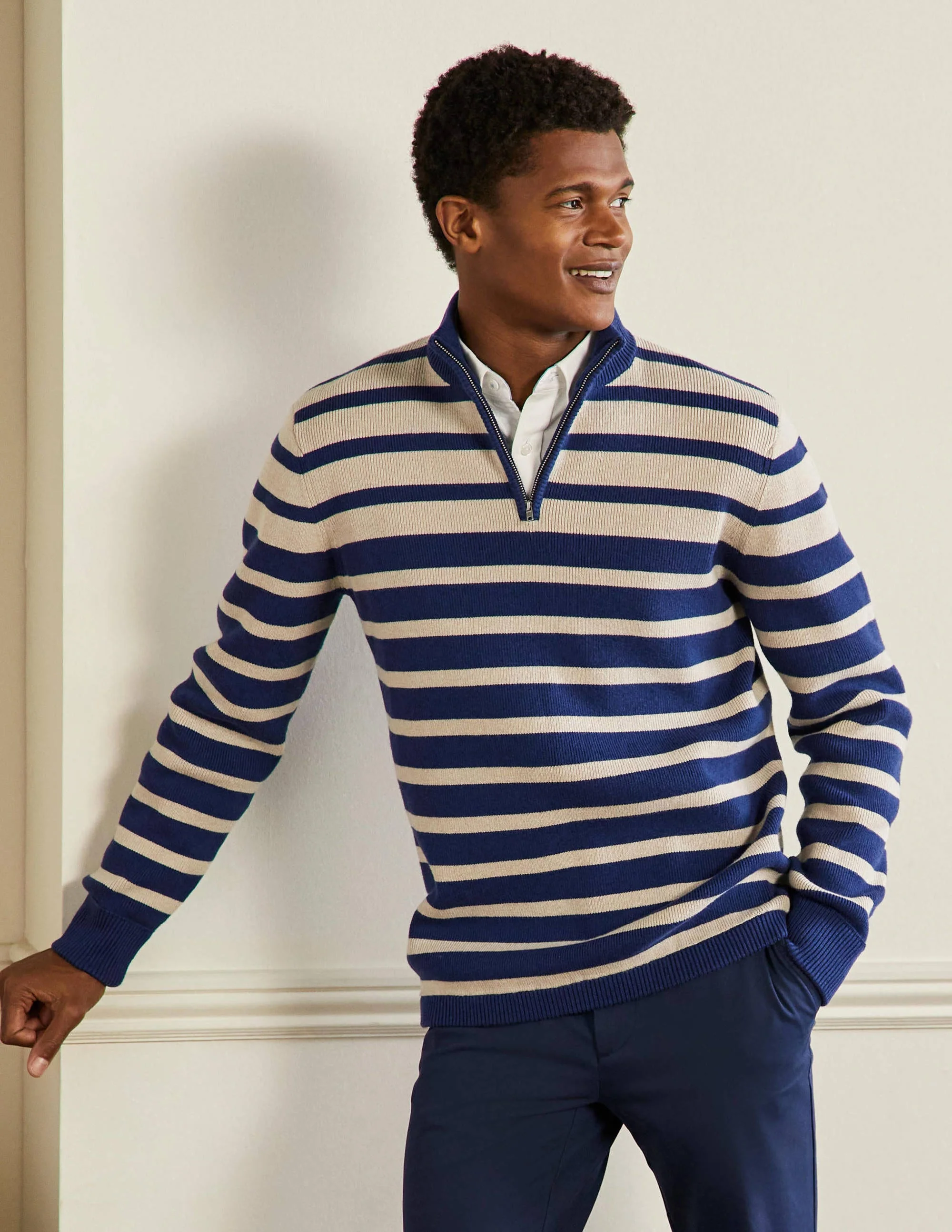 Stripy Half-Zip Jumper-Lapis / Oatmeal stripe