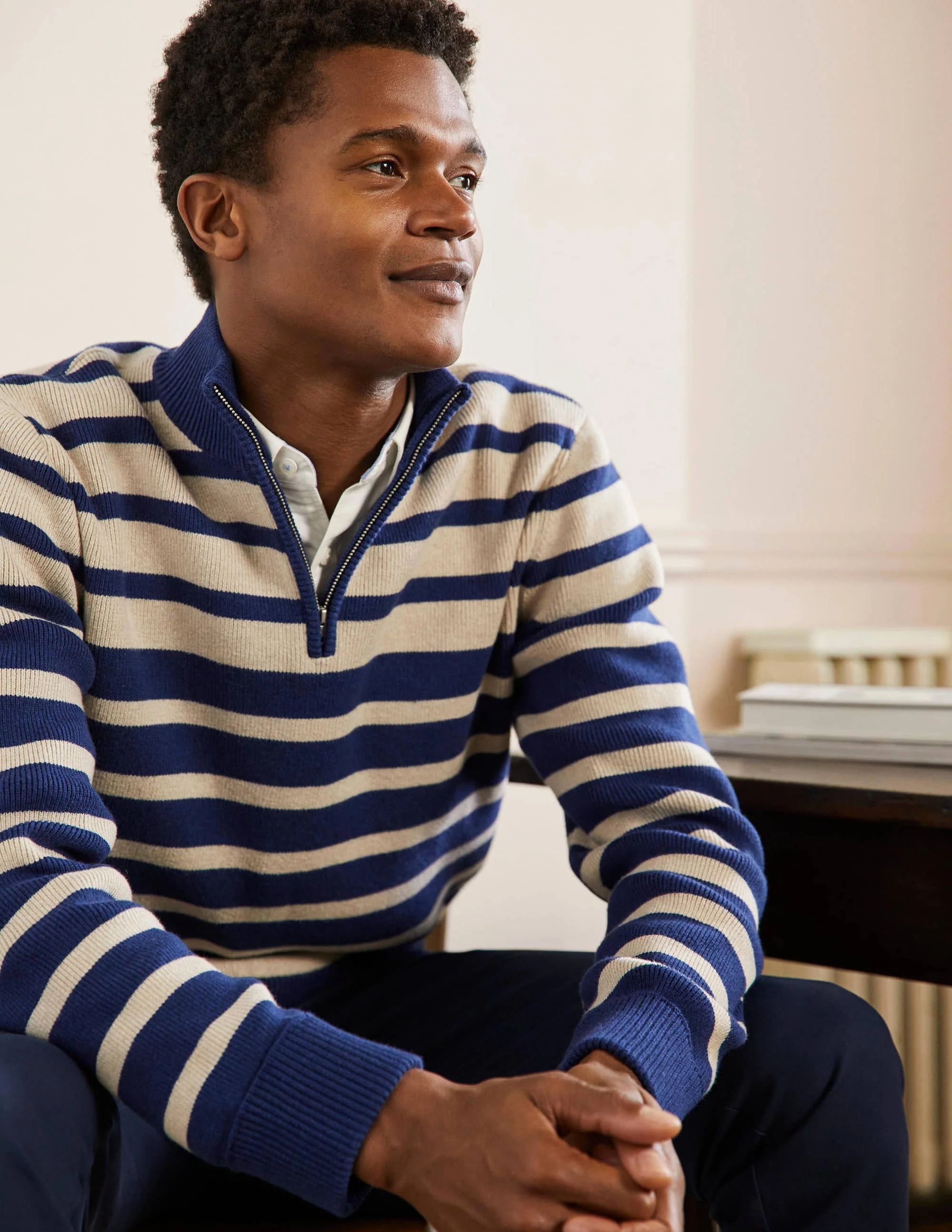 Stripy Half-Zip Jumper-Lapis / Oatmeal stripe - Image 4