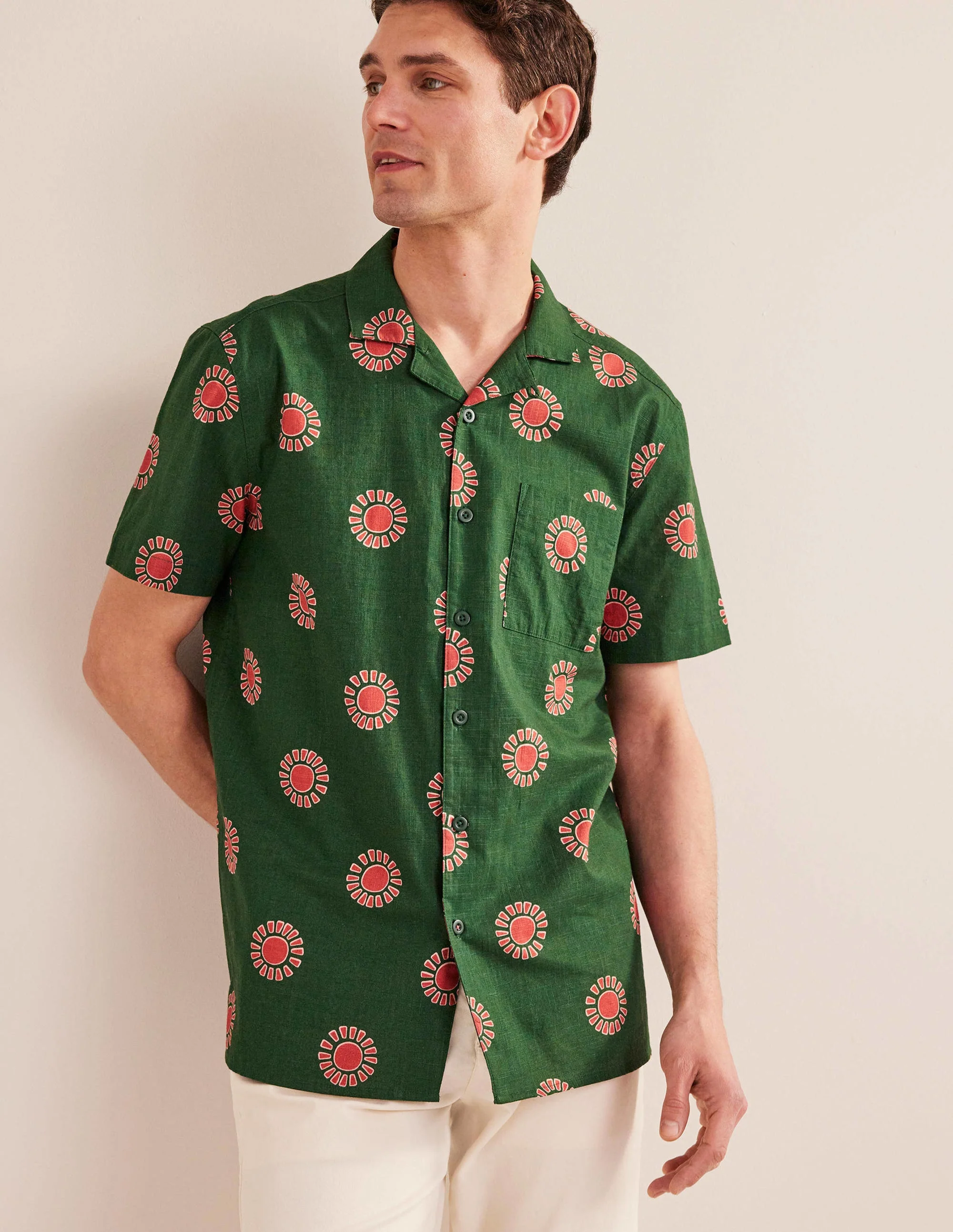 Textured Revere Collar Shirt-Palm Leaf Sun Print