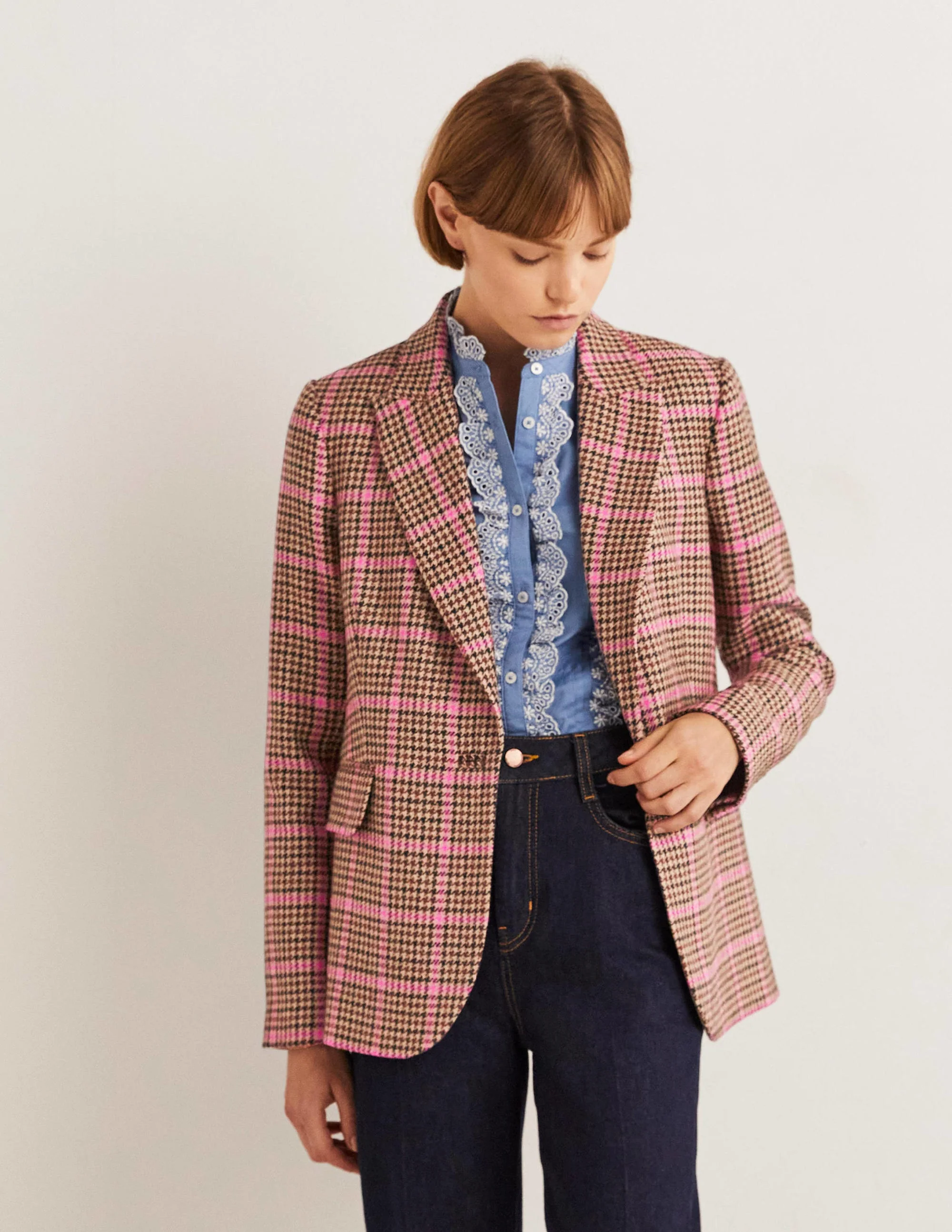 70s Tailored Blazer-Brown and Pink Check