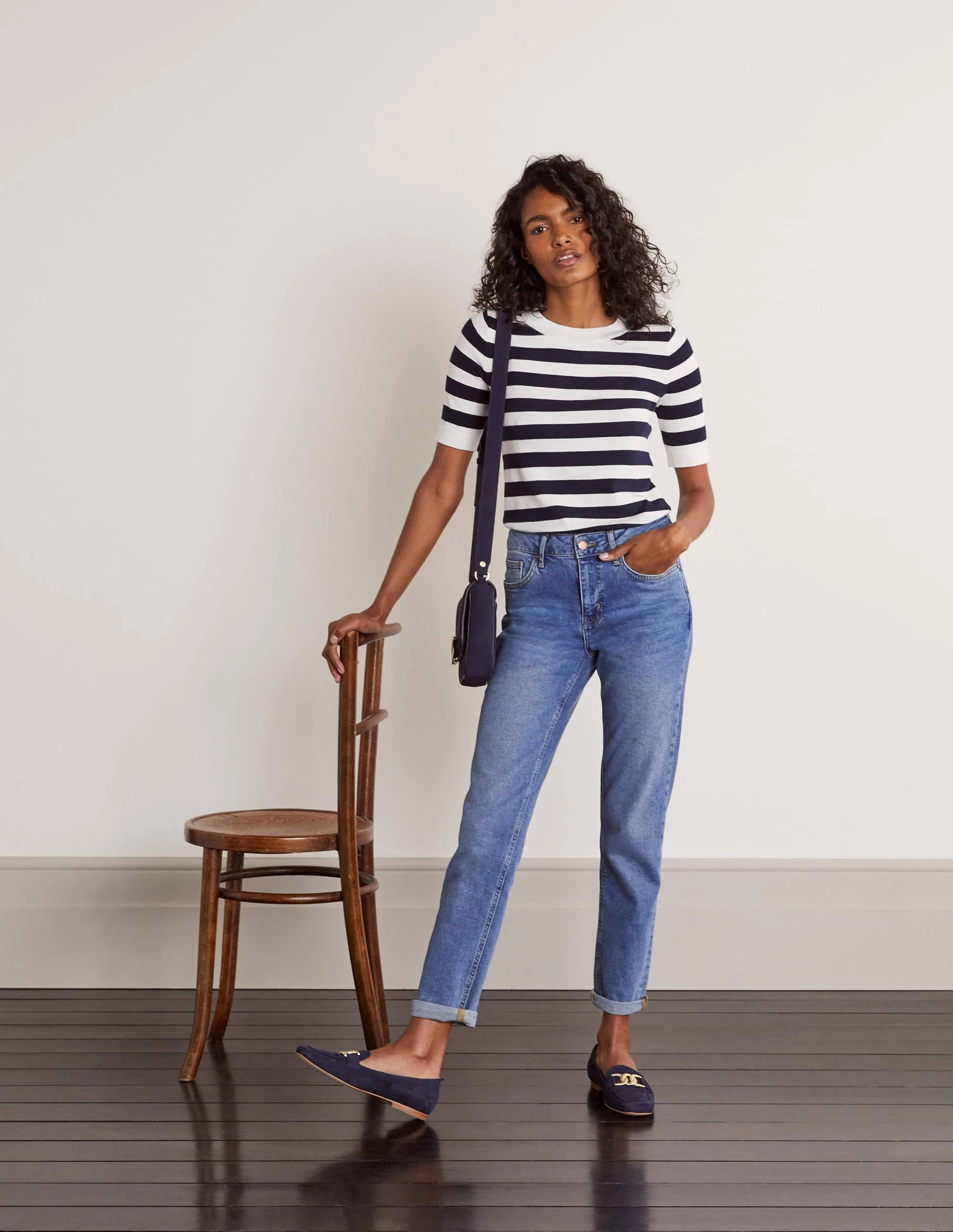 Abingdon Cotton Knitted Tee-Navy/Ivory Stripe - Image 2