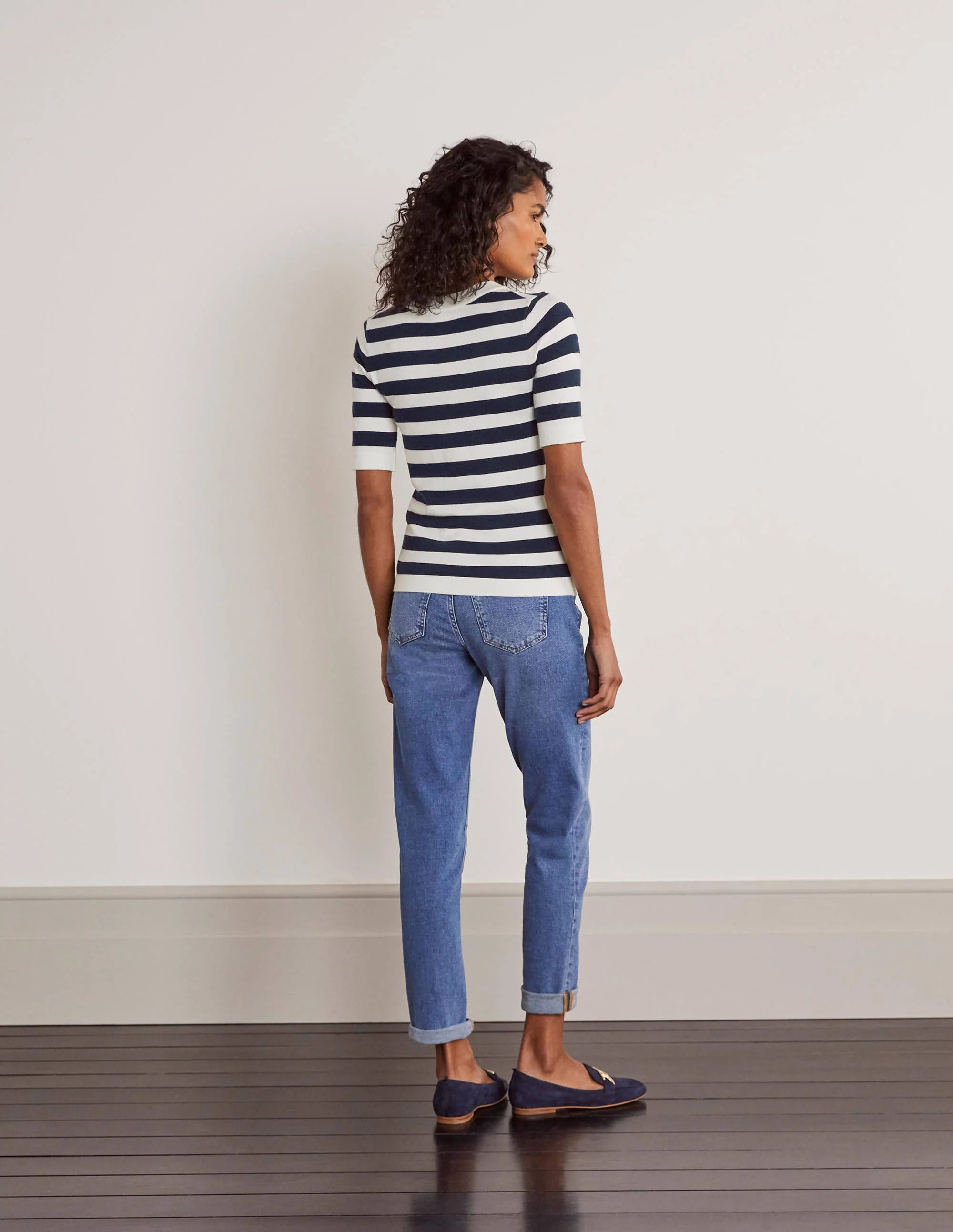 Abingdon Cotton Knitted Tee-Navy/Ivory Stripe - Image 3