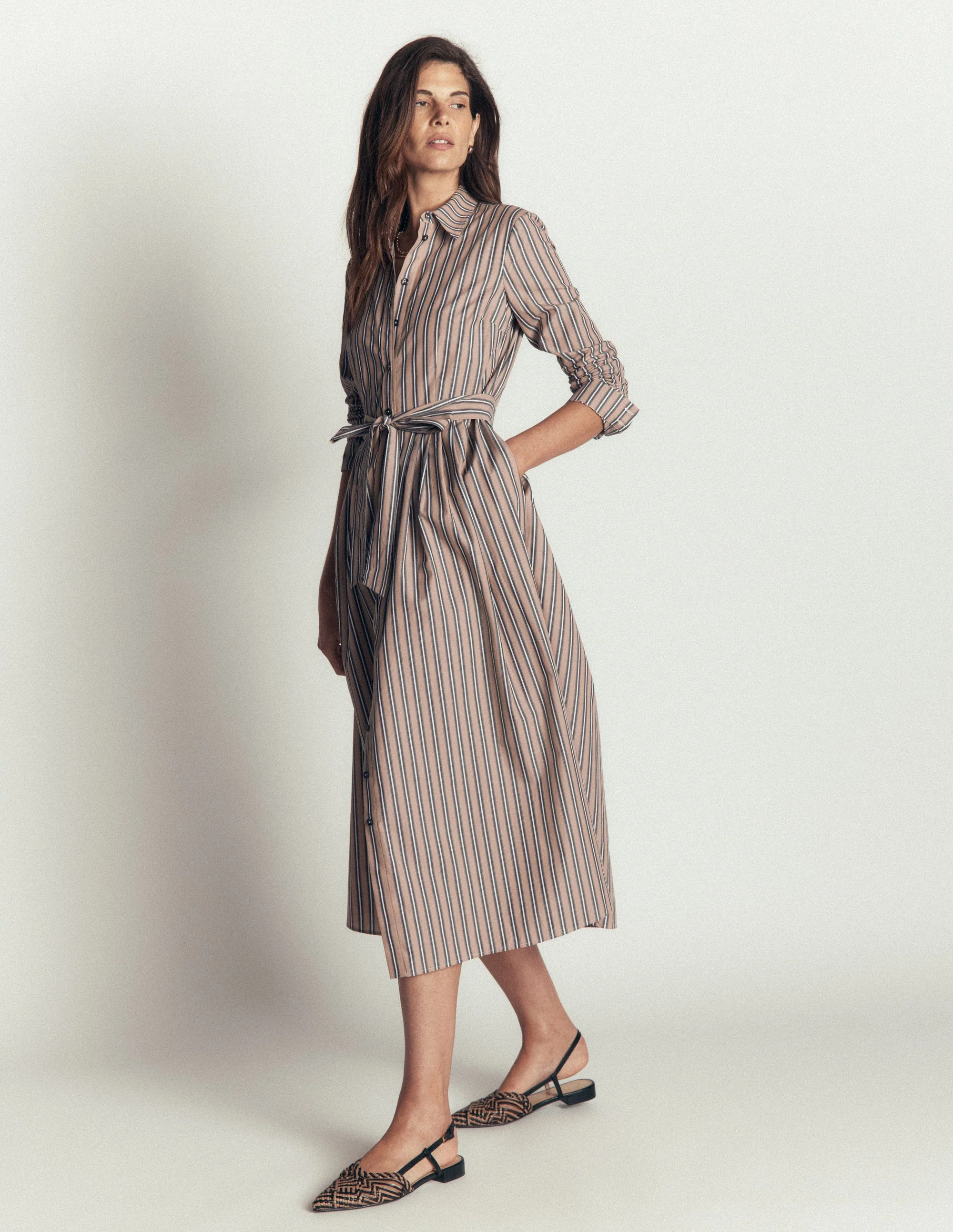 Alexa Cotton Midi Shirt Dress-Camel, Navy Tram Stripe - Image 4
