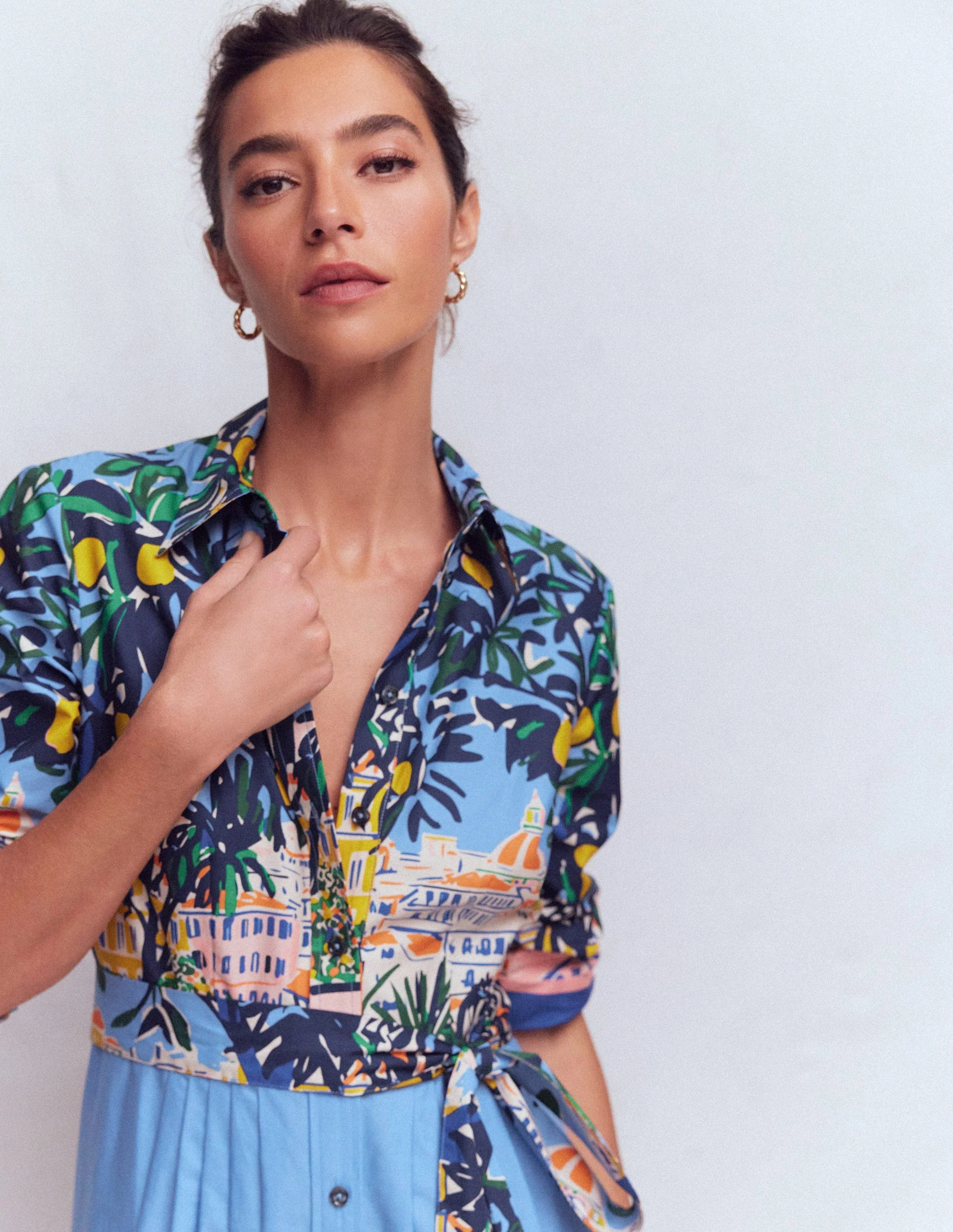 Alexa Cotton Midi Shirt Dress-Multi Balcony Scene - Image 2