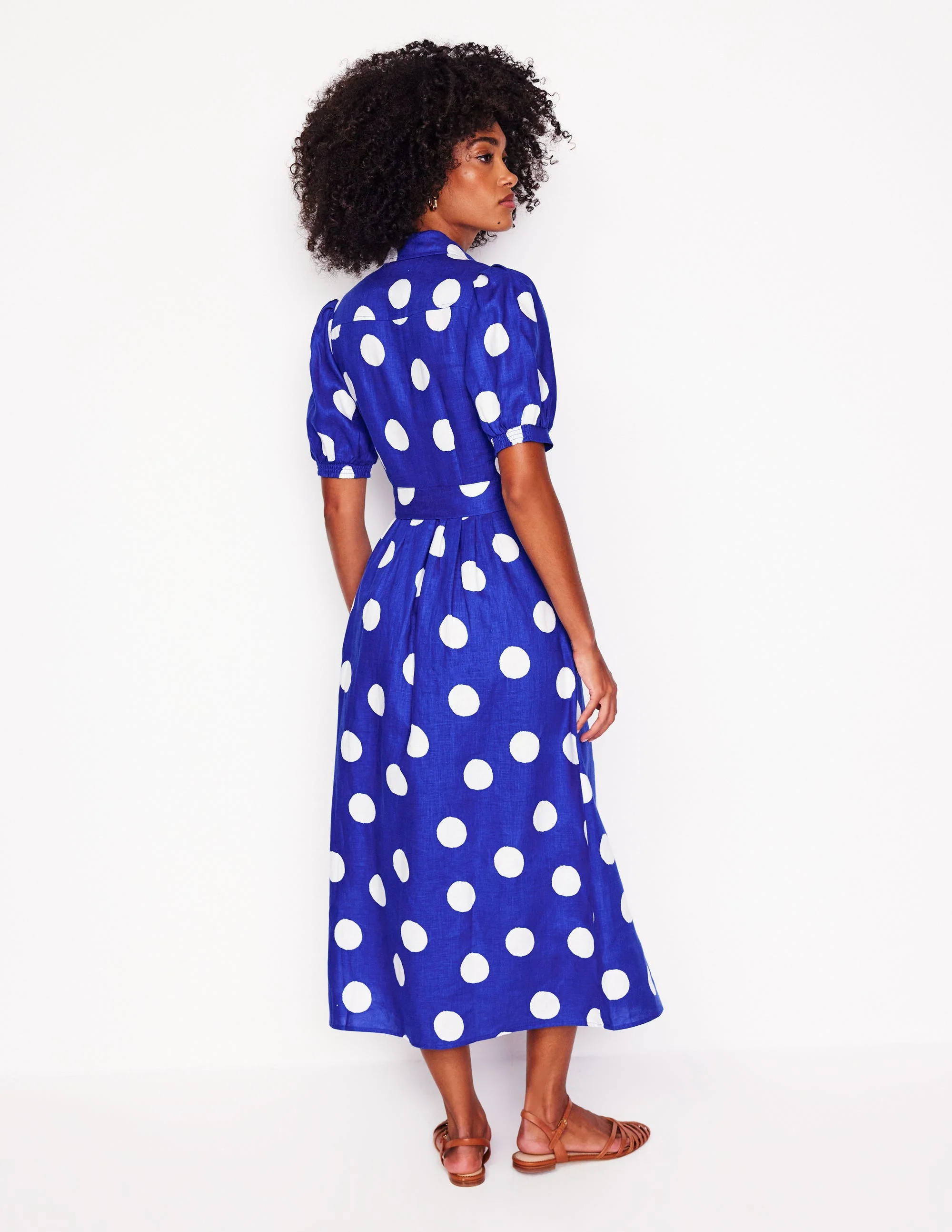 Alexa Linen Maxi Shirt Dress-Bright Blue, Abstract Dot - Image 3