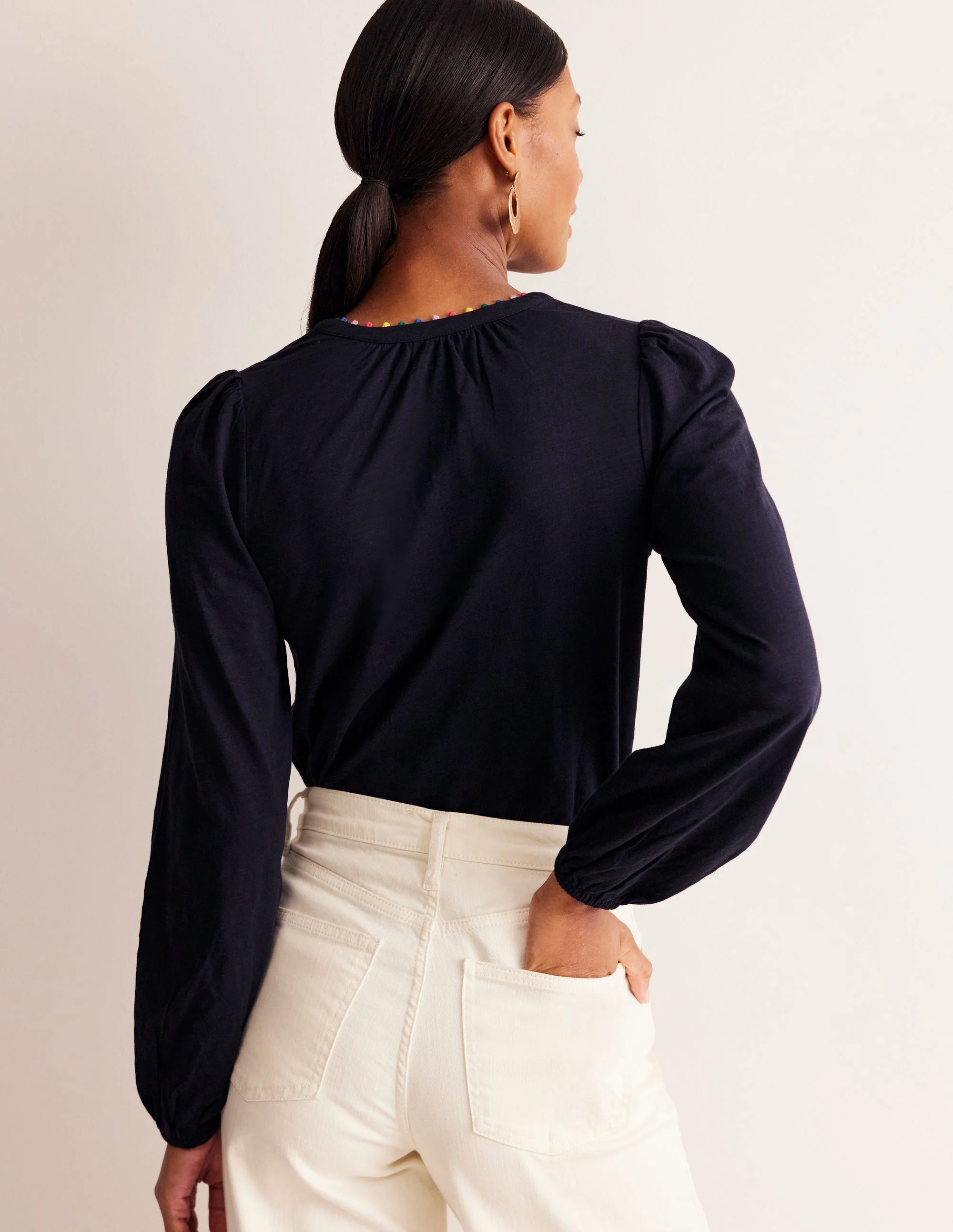 Ali Long Sleeve Pom Top-Navy - Image 3