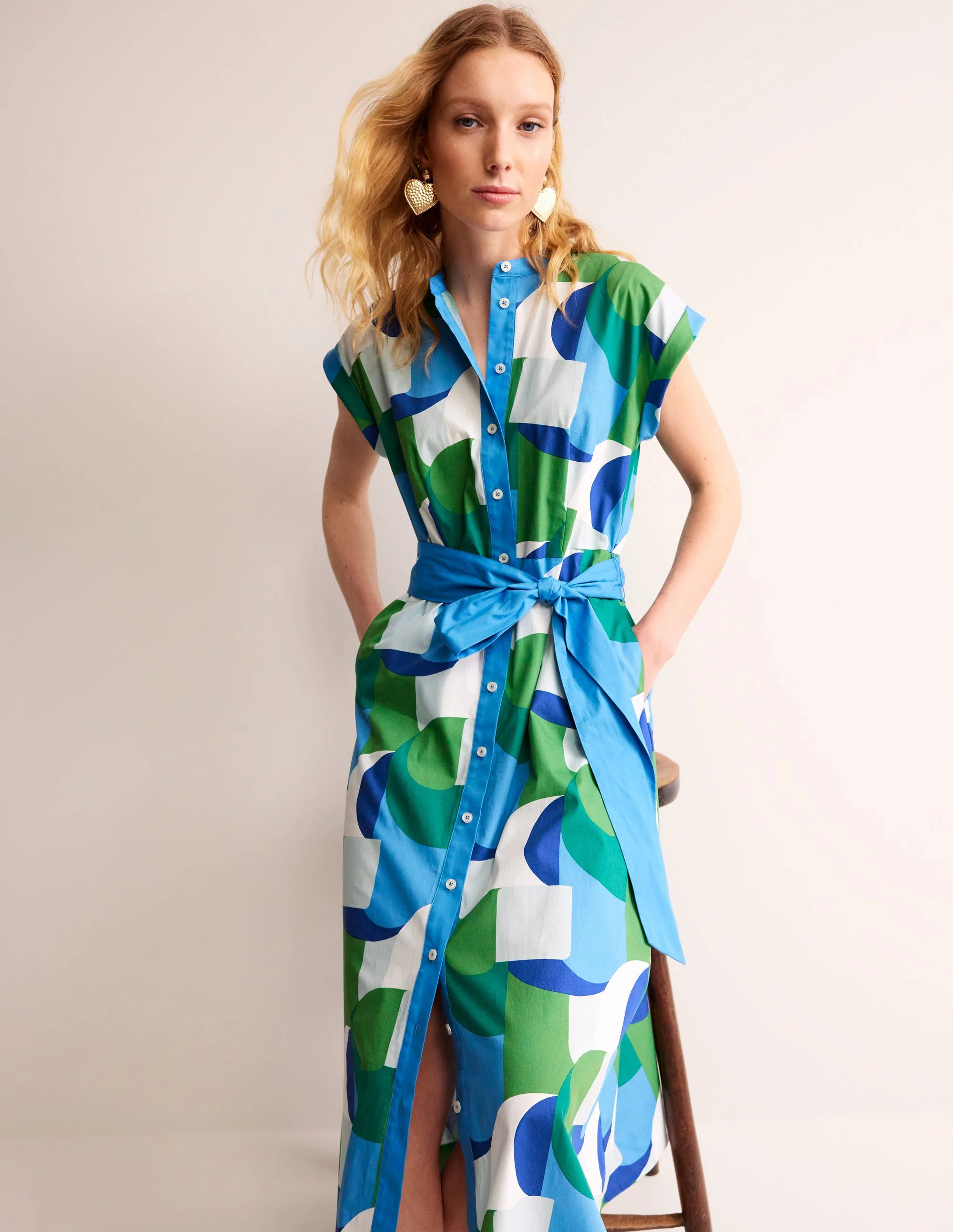 Amanda Cotton Midi Shirt Dress-Blue, Geometric Swirl - Image 2