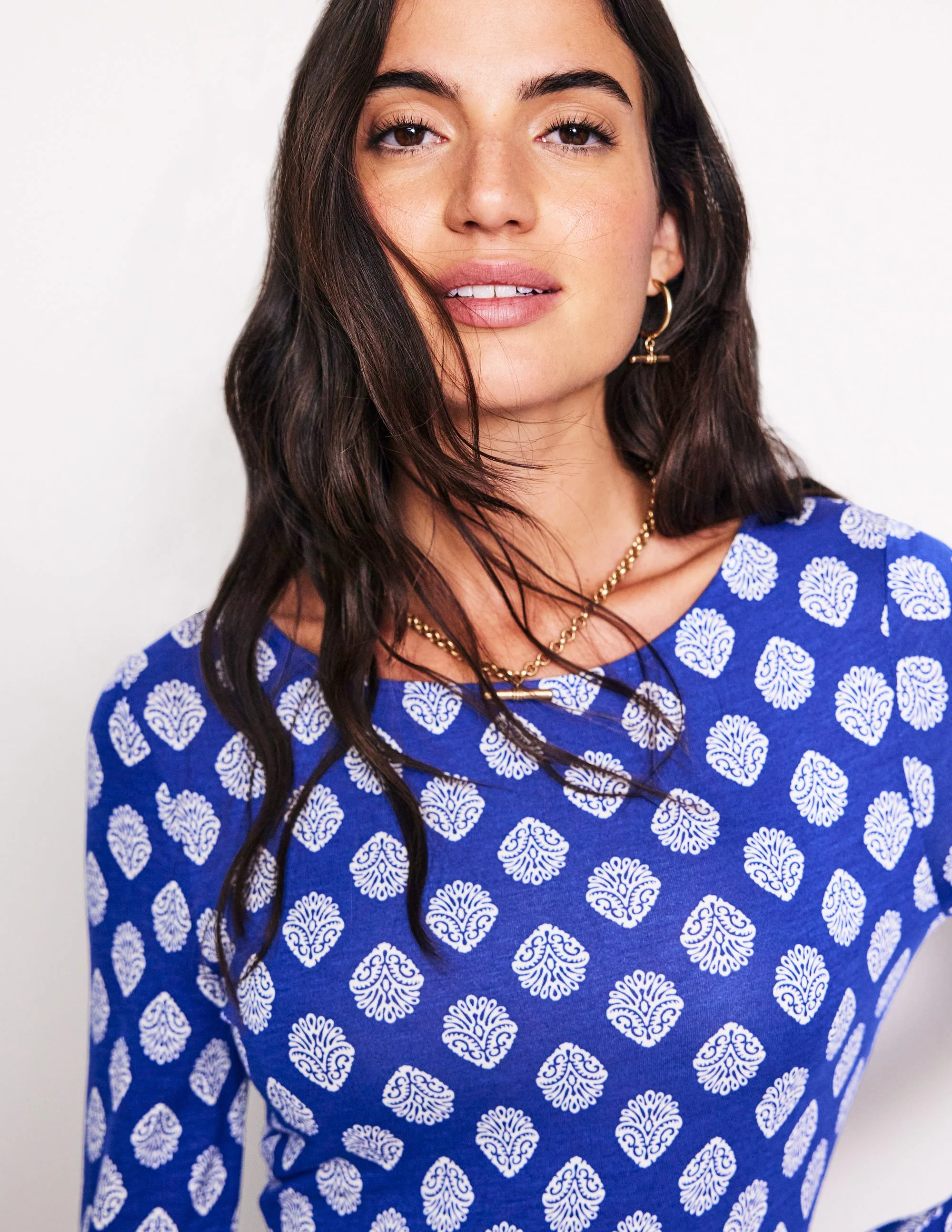 Amelie Long Sleeve Dress-Mazarine Blue, Ornate Stamp - Image 2