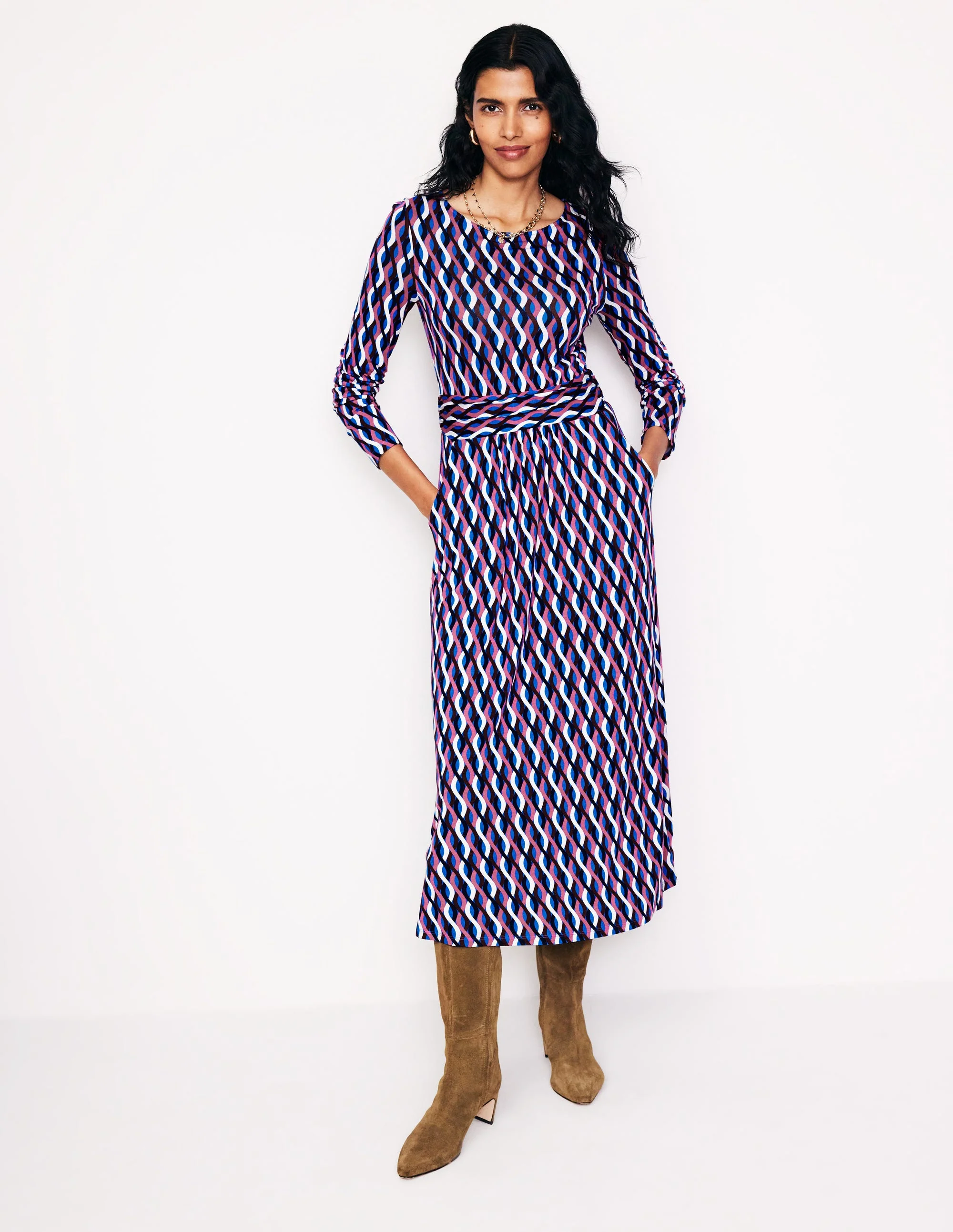 Amelie Long Sleeve Midi Dress-Kingfisher Blue, Trellis Wave - Image 4