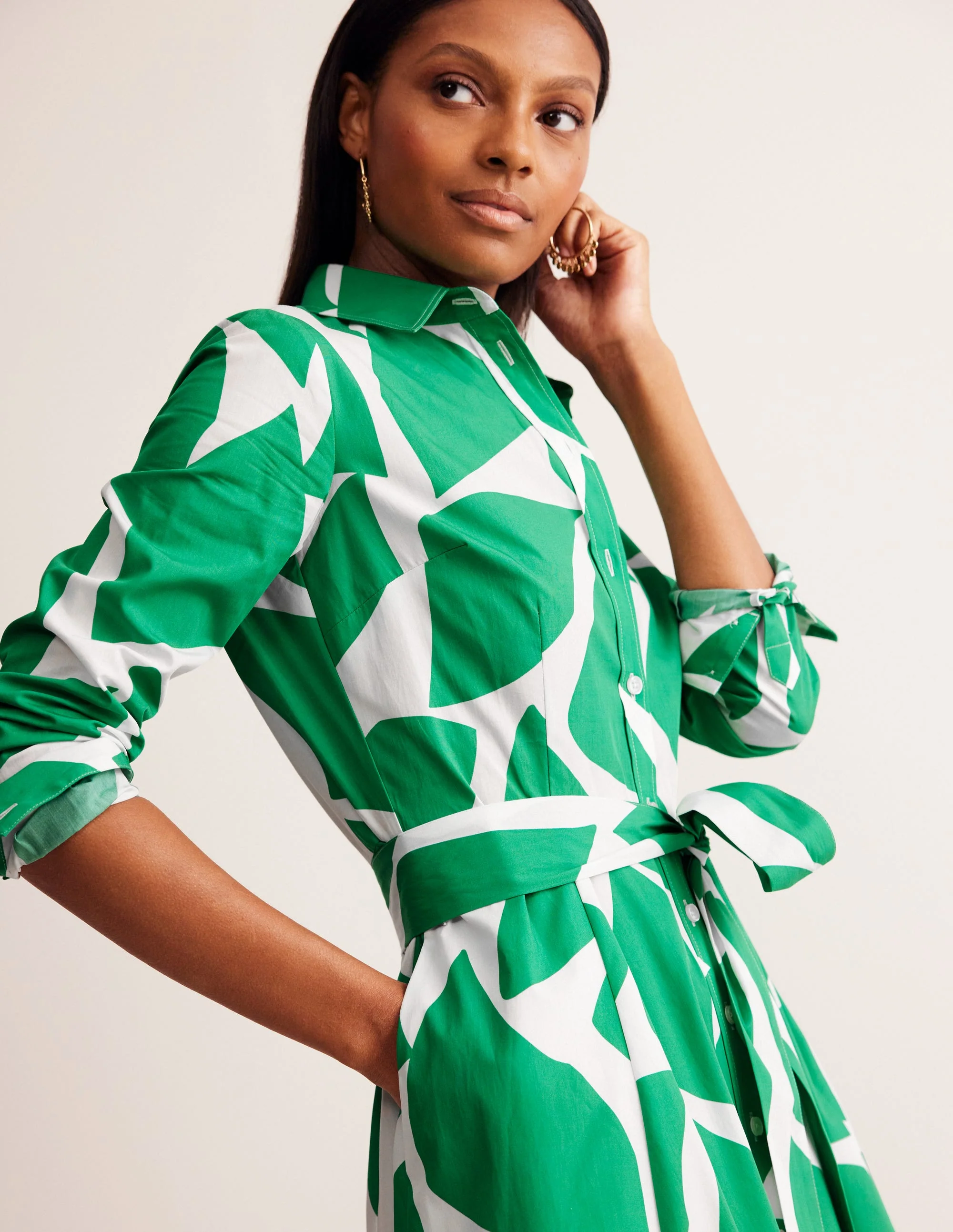 Amy Cotton Midi Shirt Dress-Green Tambourine, Terazzo - Image 5