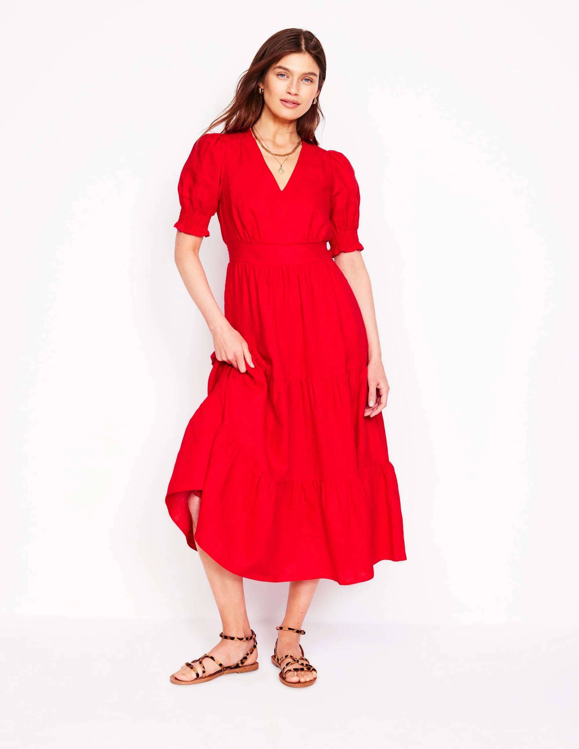 Anna Linen Tiered Midi Dress-Poppy Red - Image 4