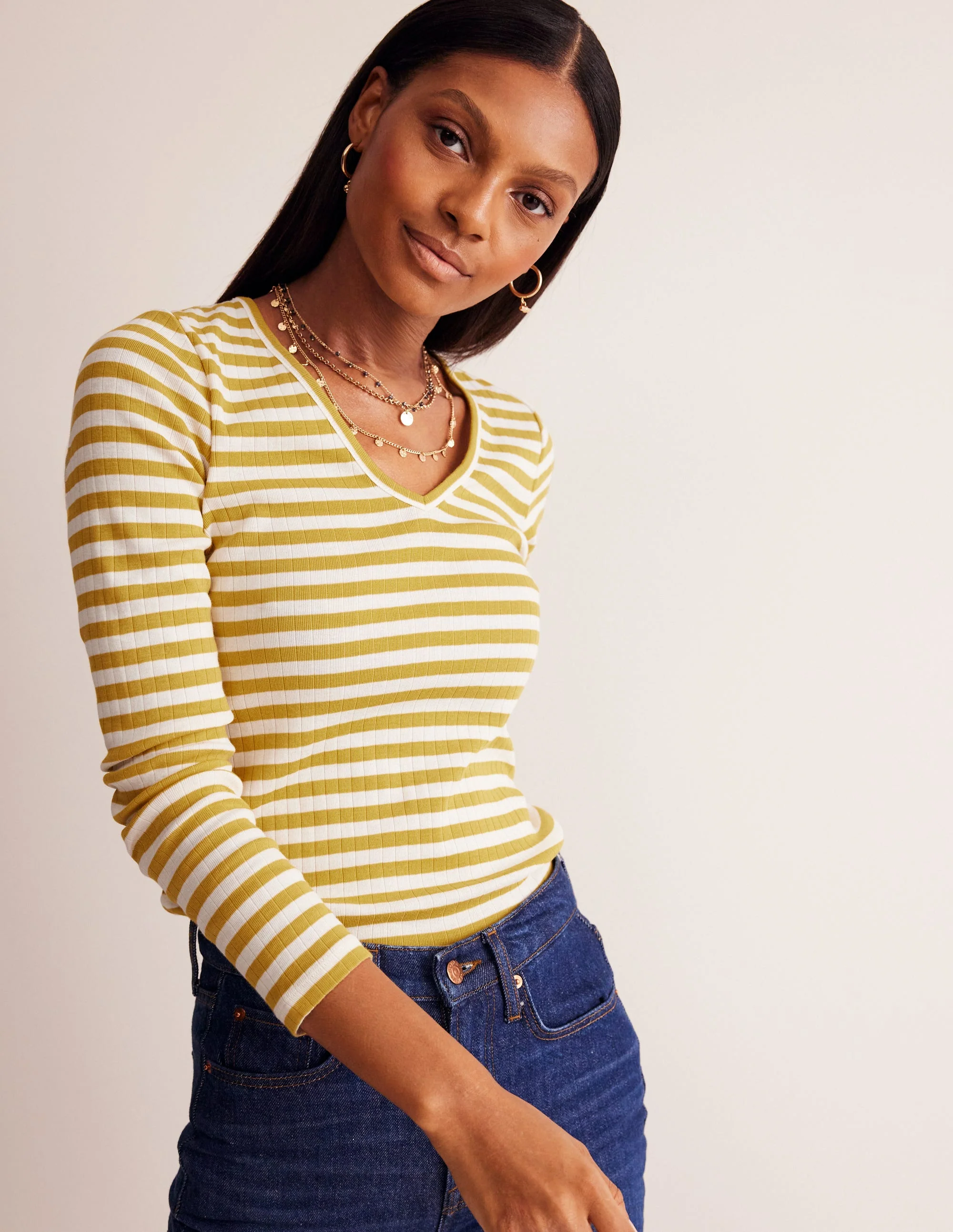 Anna Rib V-Neck T-Shirt-Yellow, Ivory Stripe