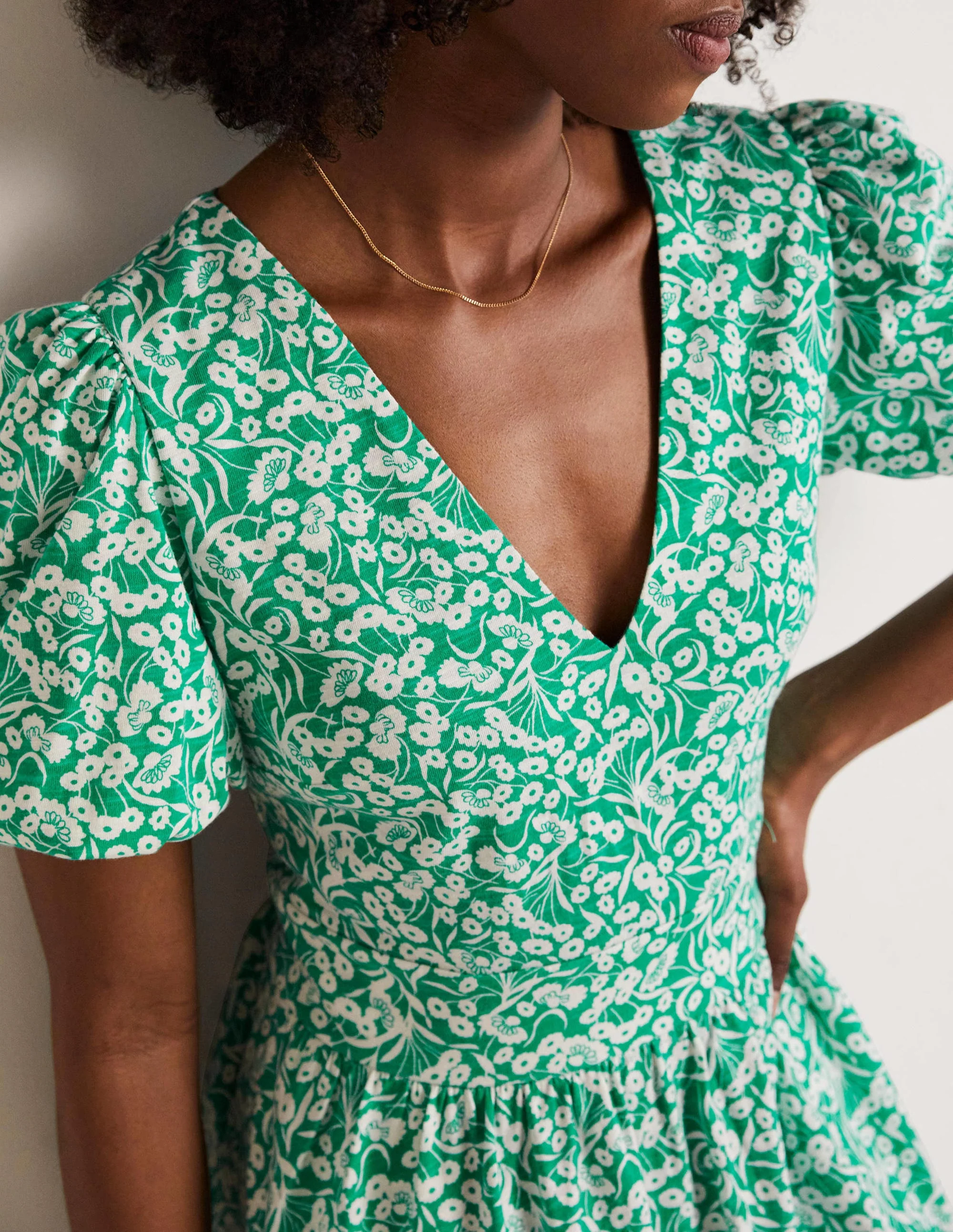 Back Detail Jersey Mini Dress-Emerald, Floret Bud - Image 2