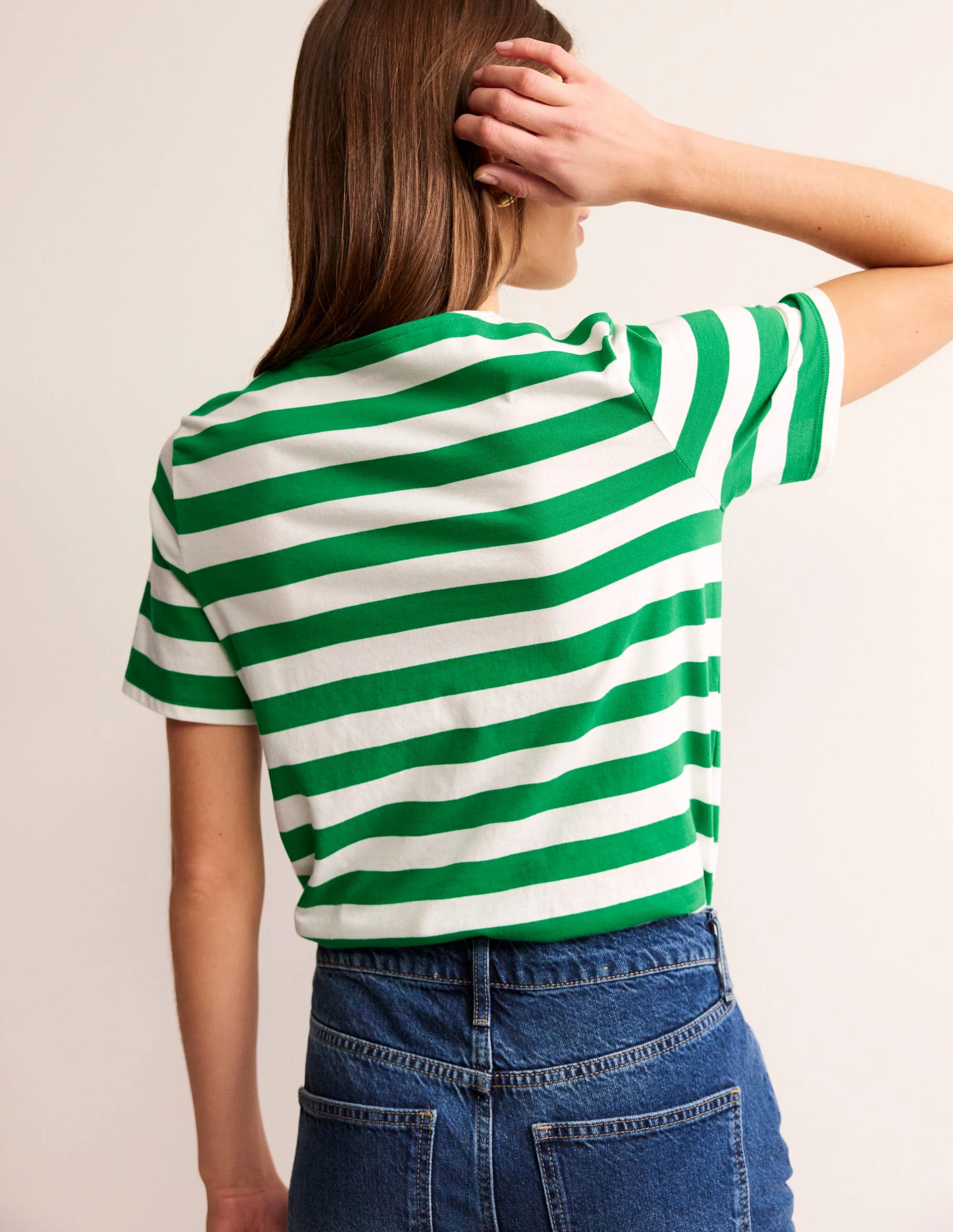 Bea Short Sleeve Breton-Ivory, Green Stripe - Image 3