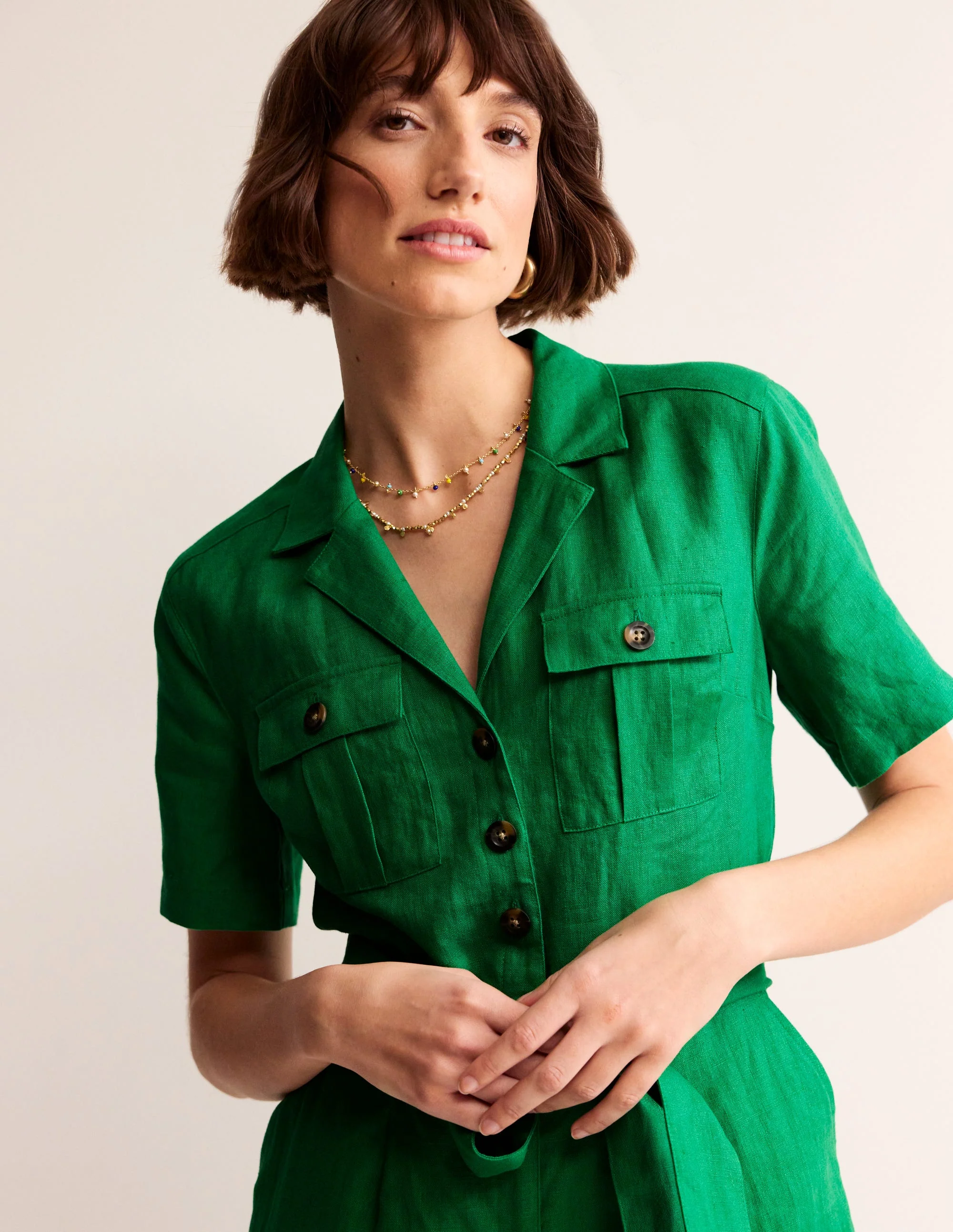 Belted Linen Jumpsuit-Green Tambourine - Image 4